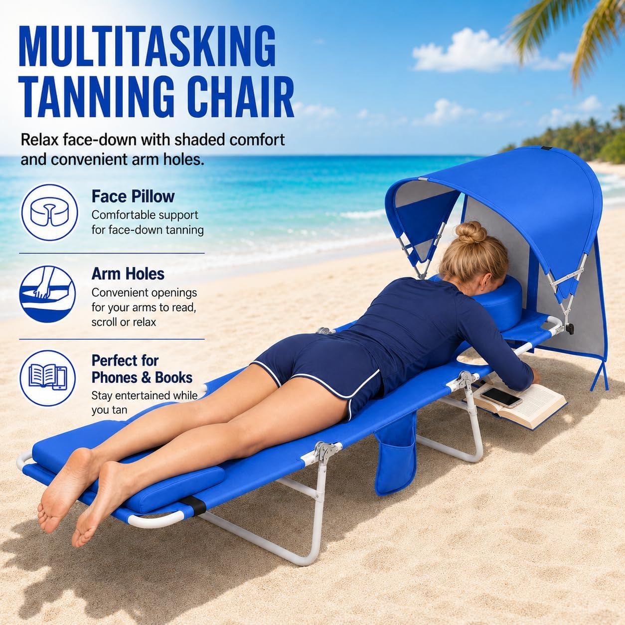 Backpack Beach Tanning Lounge Chair with Canopy Shade Face Hole Padded Adjustable Washable, 6 Position Layout Chair for Outside Sunbathing Poolside Lawn, UPF 50+ Wind-Resistant Sun Shade, Patented