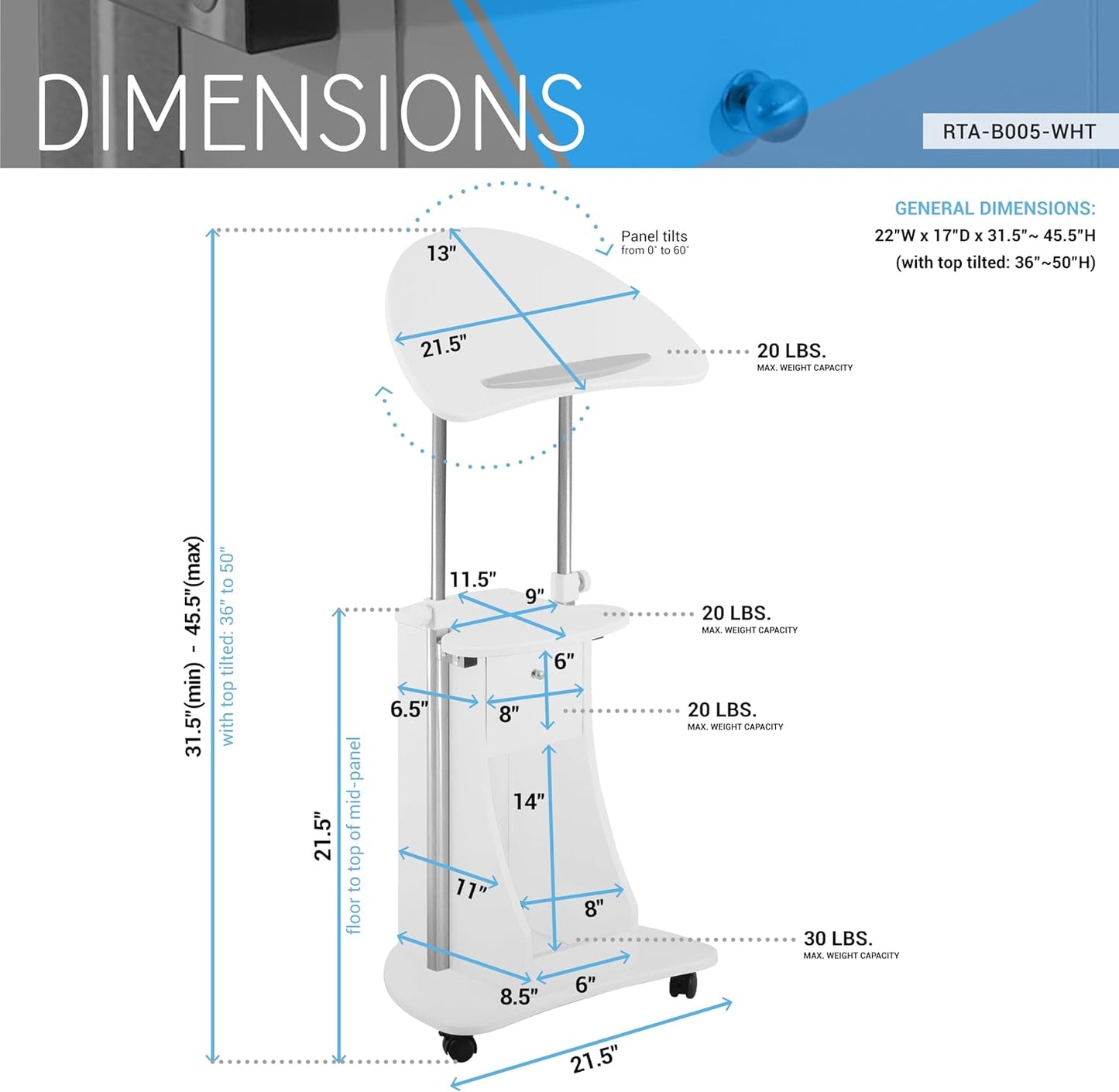 Adjustable Height Rolling Laptop Cart with Storage, Sit to Stand Desk with Wheels, Podium Stand or Medical Cart, White
