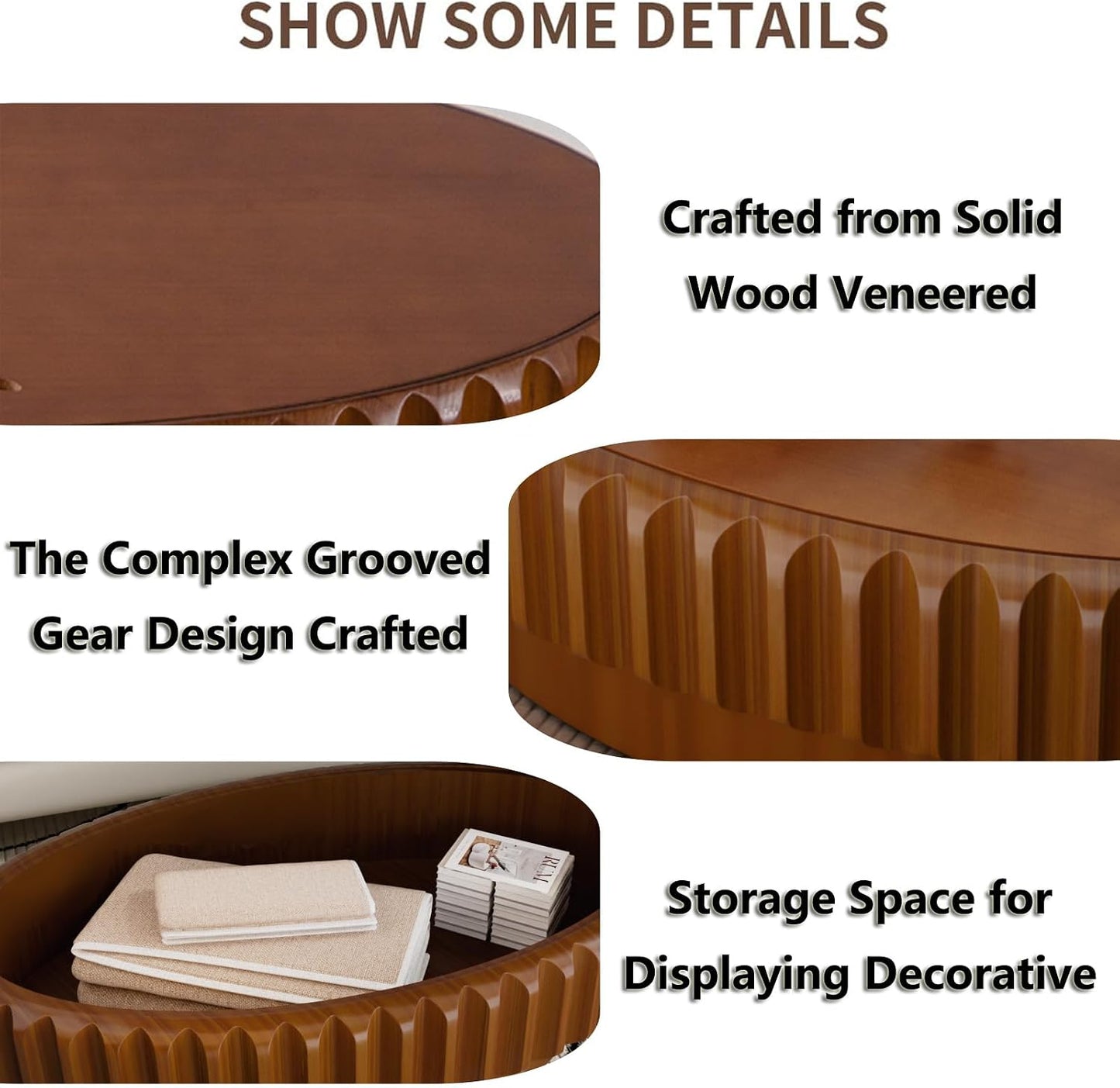 Oval Fluted Coffee Table with Storage Handcraft Drum Coffee Table with Sturdy Pedestal, Farmhouse Mid Century Modern Center Tables for Living Room Reception Room (O)