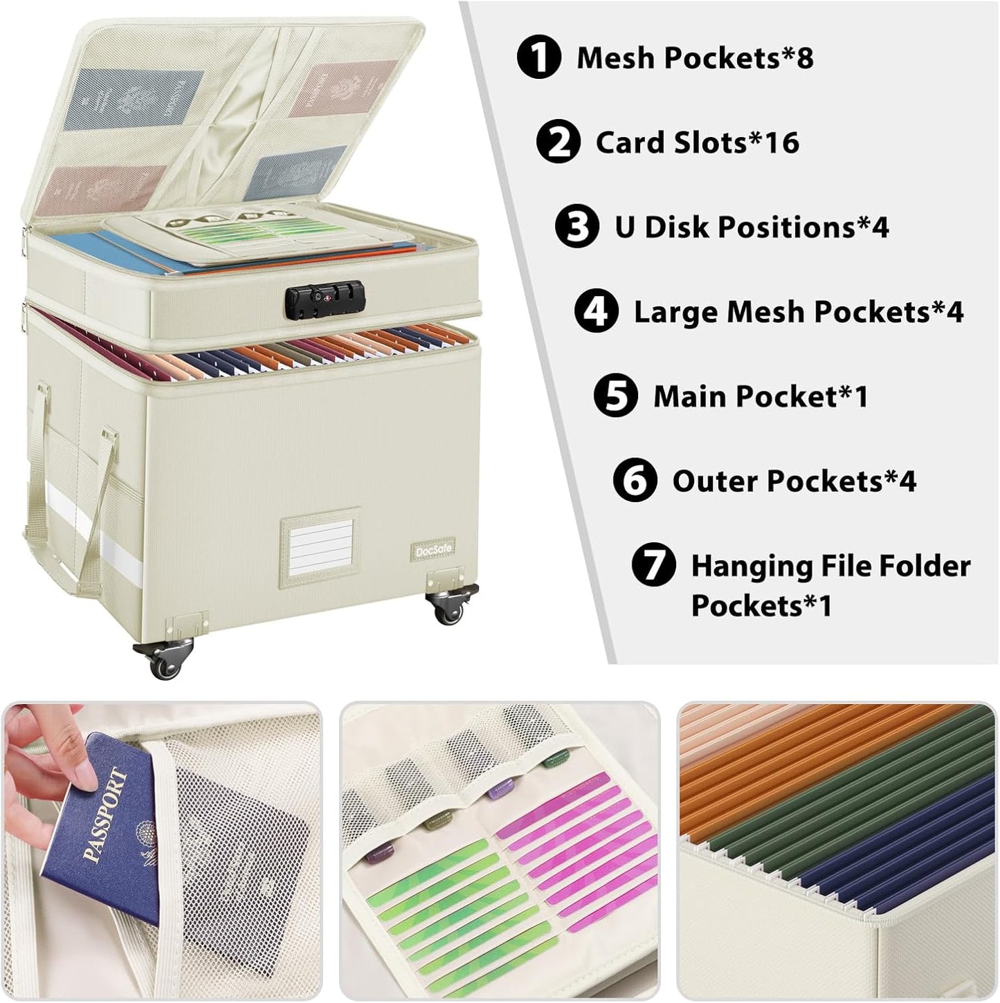 DocSafe Fireproof Document Box with Lock,2-Layer File Box with Wheels,Collapsible File Storage Organizer with Pockets,Large Portable Office Filing Cabinet for Hanging Folders,Beige,16''x13.8''x12.2''