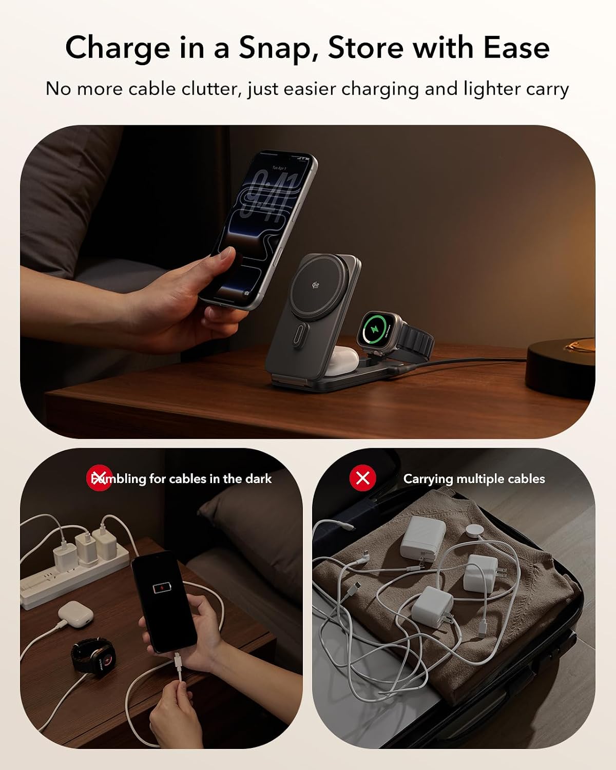 ESR 3 in 1 Charging Station, Qi2.2 Certified for iPhone 17/16 with iOS 26 | 25W Foldable Wireless Charger Stand w/Cryoboost,Phone Cooling Fast Charging Dock,for AirPods & Apple Watch,50W Adapter, Black