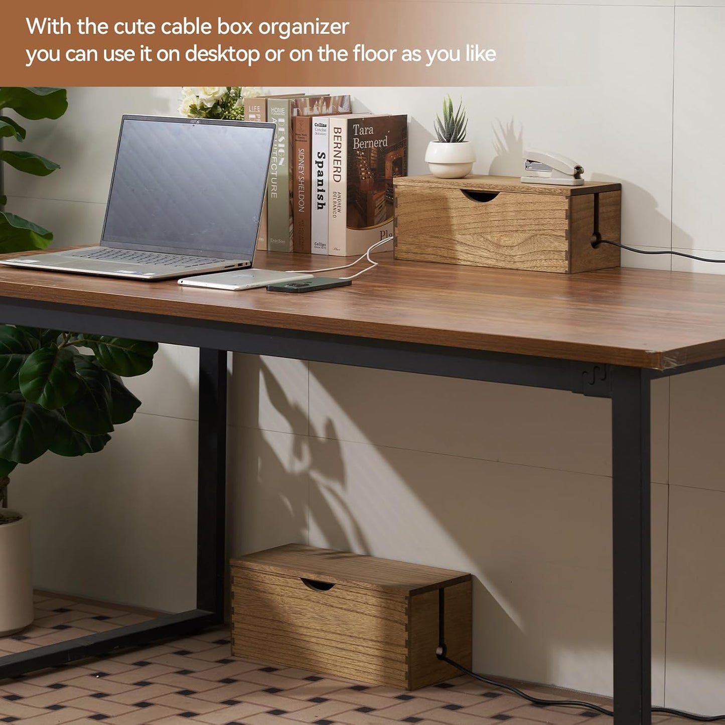 KIRIGEN Wooden Cable Management Box Set of 2, Cord Organizer, Brown | Large and Small Solid Wood Boxes with Removable Lids for Power Strips, Chargers, Routers, and Desks Home Office