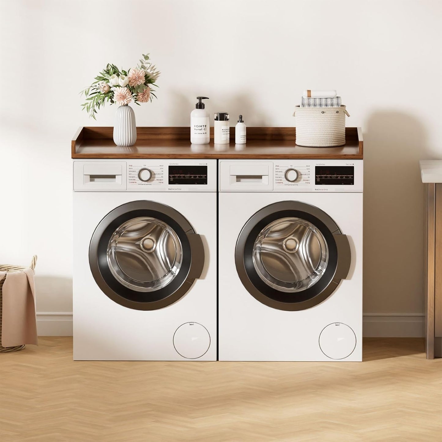 Cozivolife Washer Dryer Countertop, Laundry Topper with Edge Rails, 54" x 27.5" Bamboo Folding Station & Waterproof Surface, 220 lb Load Capacity for Laundry Room Organization(Walnut)