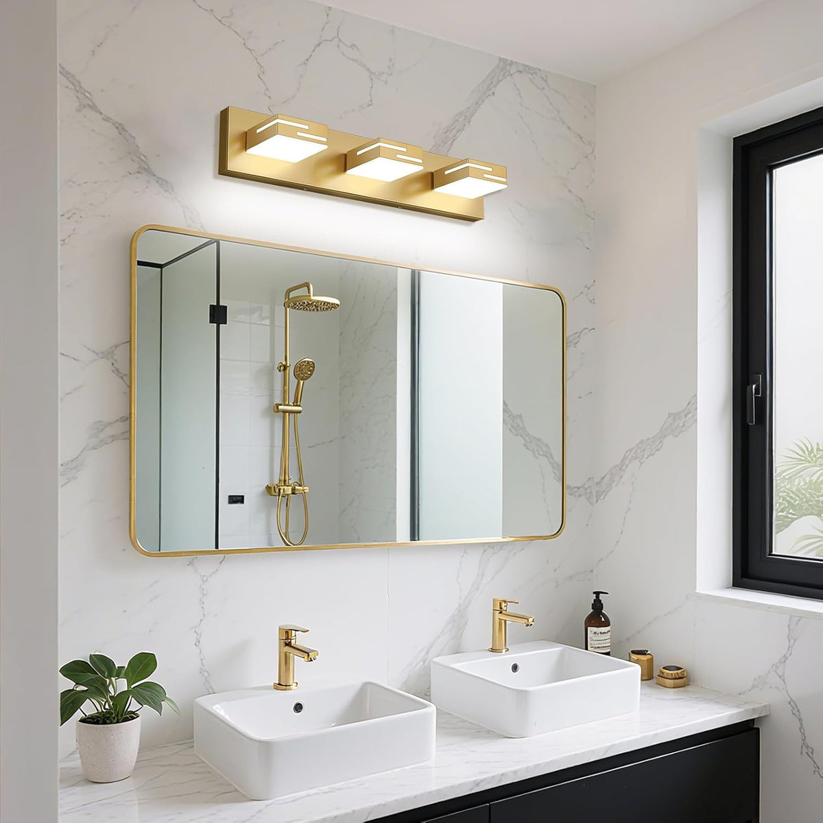 LED Modern Bathroom Vanity Light Fixtures, Dimmable Gold Vanity Lights for Bathroom Lighting Fixtures Over Mirror, with 360° Rotatable Heads 3-Light 22-inch (Cool White 6000K)