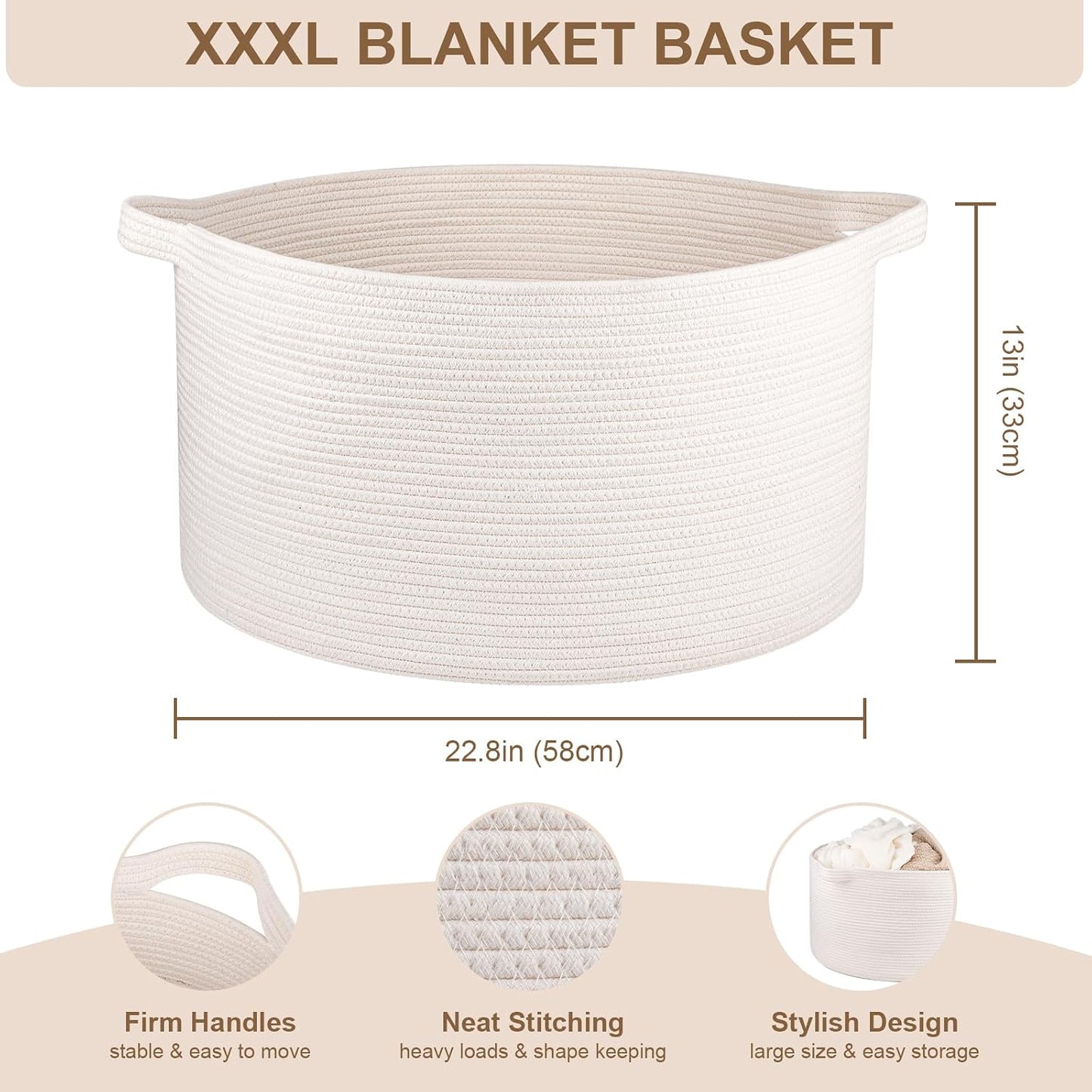OIASKET Large Woven Baskets for Storage, 22.8" x 22.8" x 13" Blanket Storage Living Room, Baby Toy Basket for Clothes, Pillows, Towels, Shoe Basket for Entryway (White)