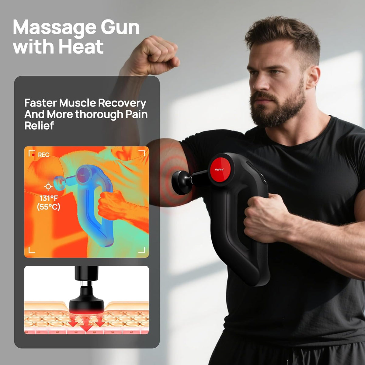 HEYCHY Deep Tissue Massage Gun with Heat, 12mm, 8 Heads, Black