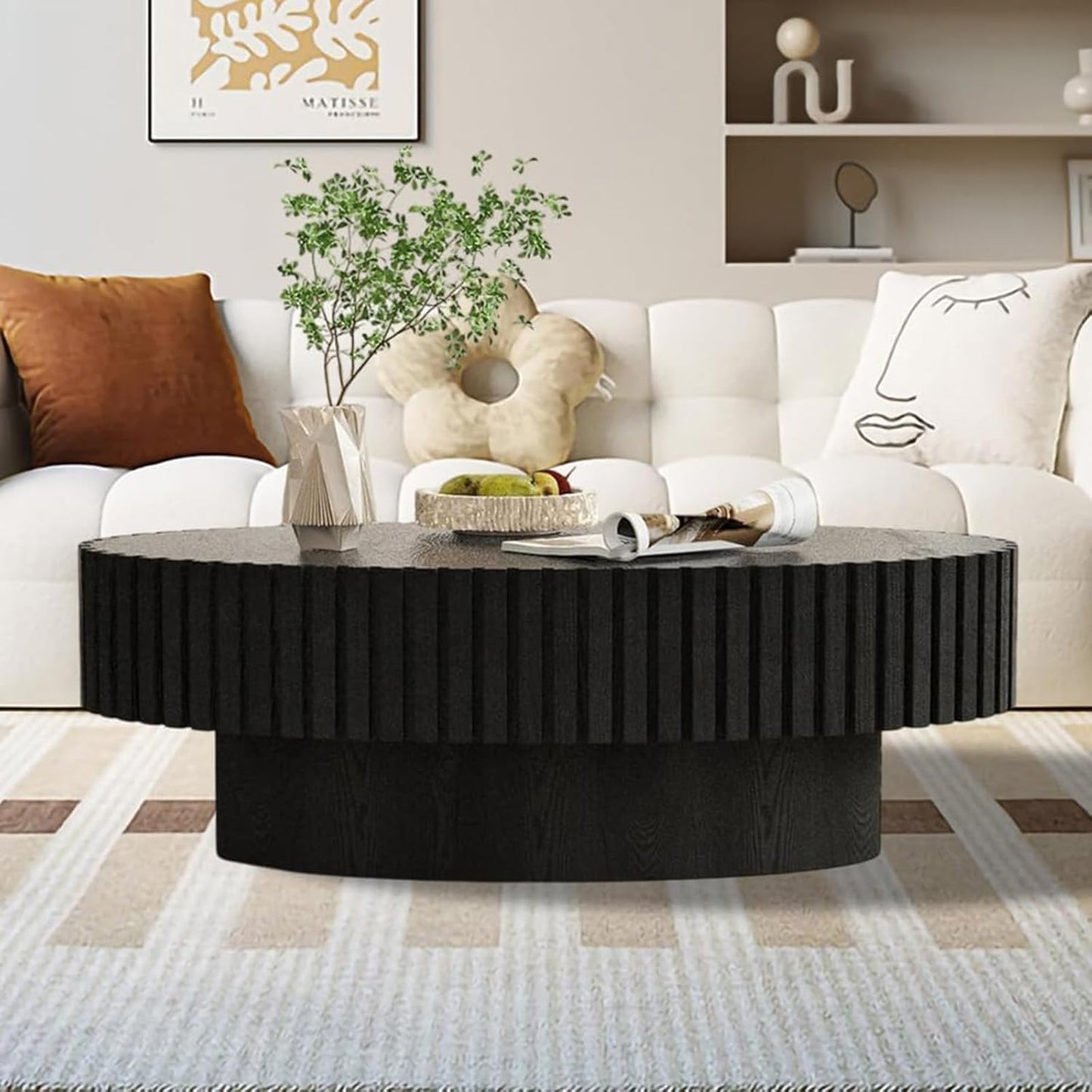 43.3" Oval Drum Fluted Coffee Table (N) | Mid-Century Modern, Easy Assembly, Sturdy Pedestal, Center Tables for Apartment Living Room