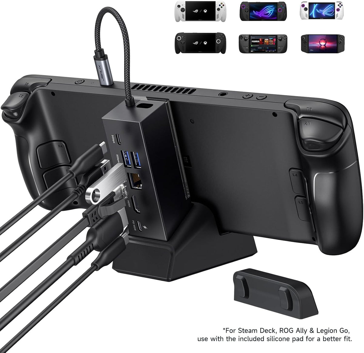 JSAUX Docking Station for ROG Xbox Ally X (2025)/ROG Ally X/ROG Ally/Steam Deck/Legion Go/Legion Go S, 6-in-1 Dock with HDMI 4K@120Hz, Gigabit Ethernet, USB A & USB C 3.2 Gen 1, 100W Charging - HB0609