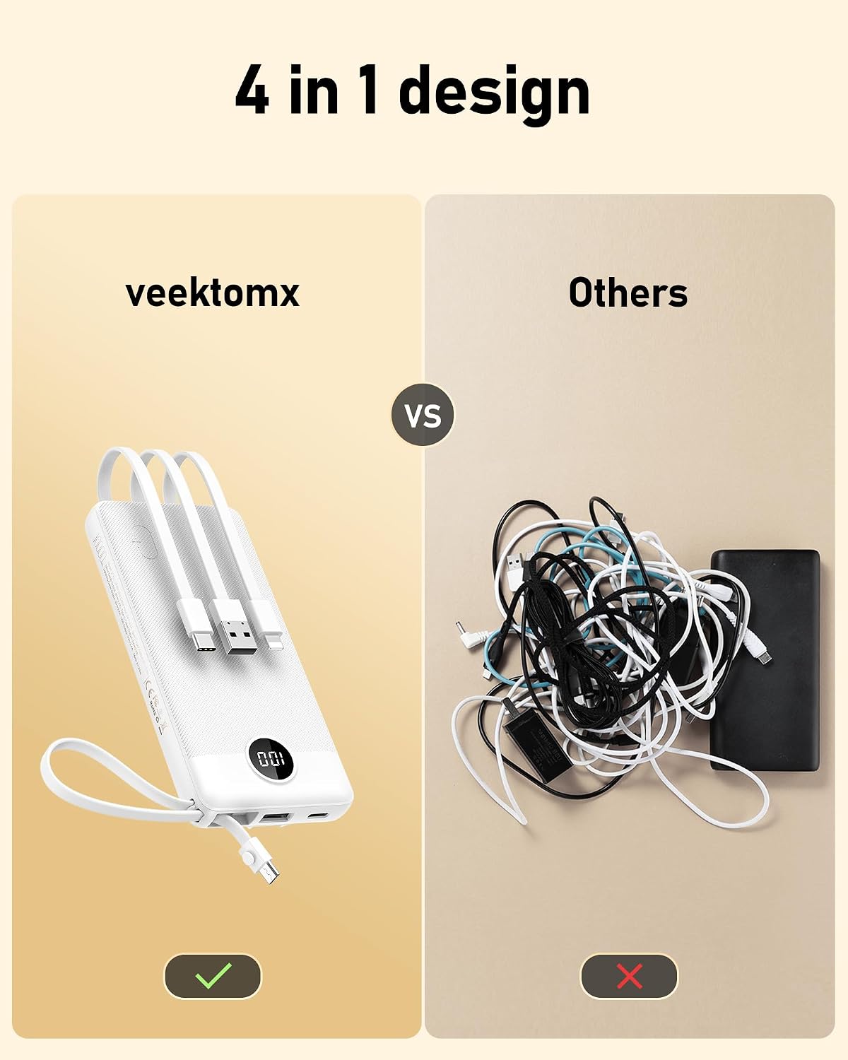 VEEKTOMX 10000mAh Portable Charger with 4 Built-in Cables