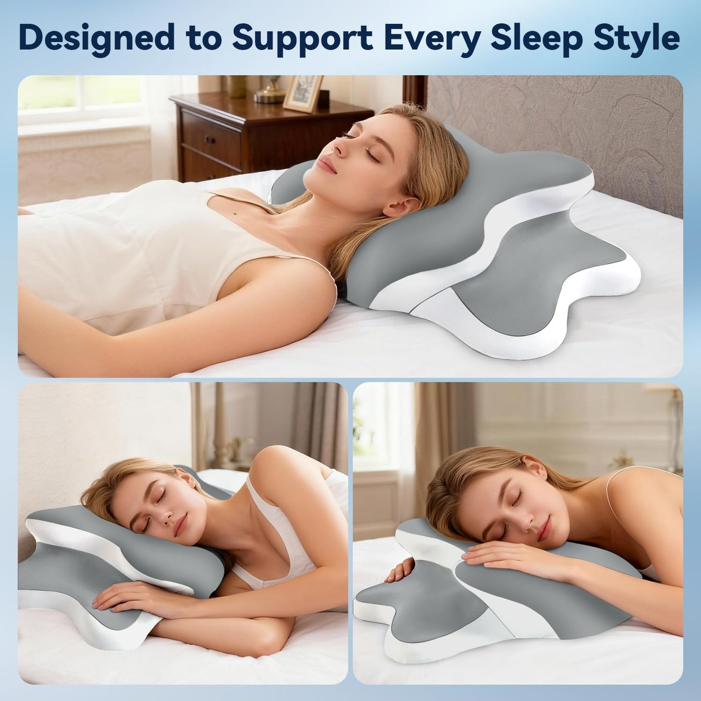 Dreams Relief Pillow,Sleep Apnea Pillow w/Neck & Snoring Relief,Orthopedic & Ergonomic Contour Cervical Memory Foam Cooling Pillow for Side Sleepers,Medium Firm Support (Grey, Queen Size)