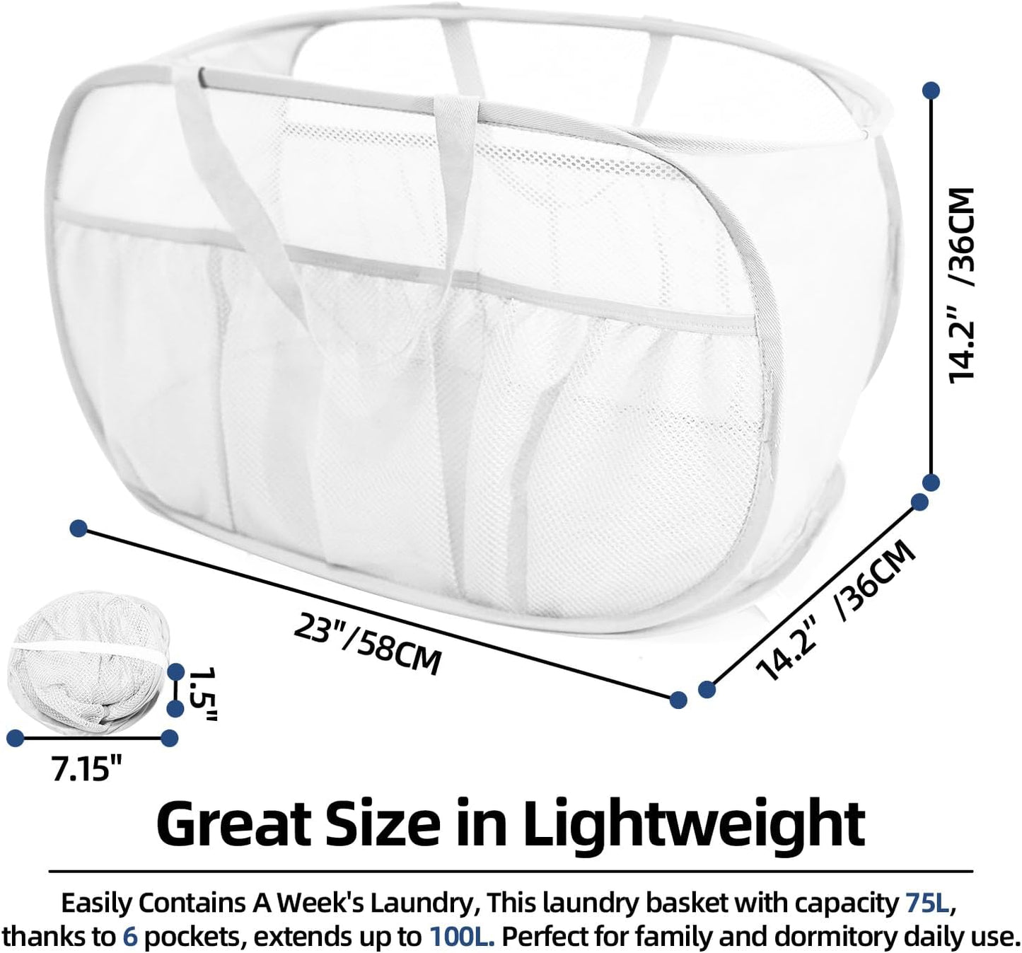 2 Pack Collapsible Laundry Baskets, Upgrade Pop Up Laundry Hamper with Convenient Bags, Foldable Laundry Basket Mesh Light Weight, Easy to Carry Clothes Hampers for Laundry, Dorm, Toys, Travel White
