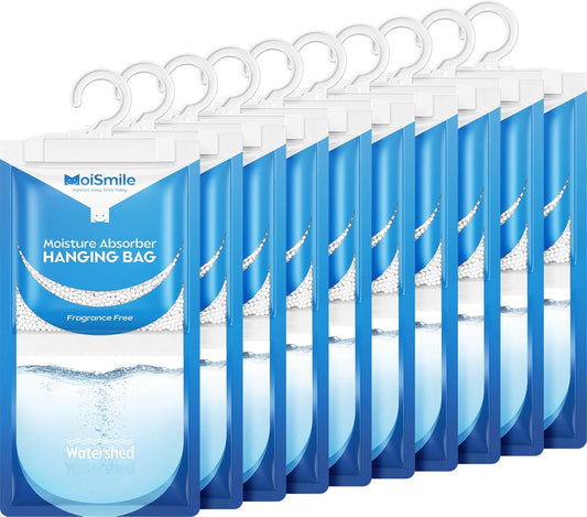 Moisture Absorbers 10 Pack, Fragrance Free Hanging Closet Dehumidifier Bags, Humidity Packs Odor Eliminator for Closet, Bathroom, Bedroom, Basement, Car, 9.8 OZ