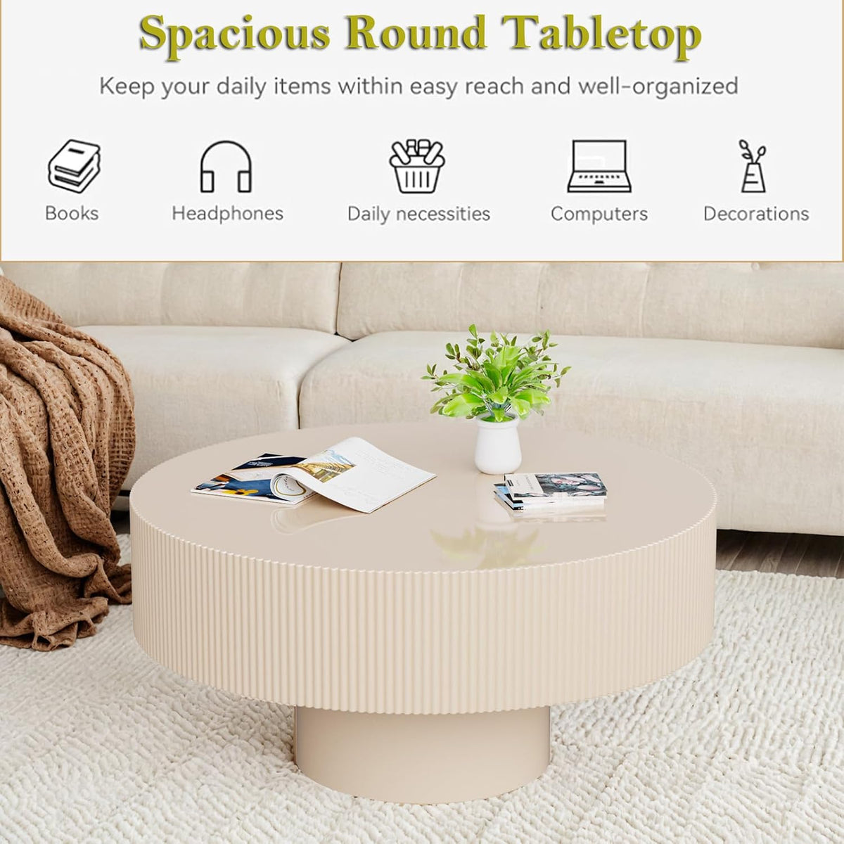 30.9" Cream Rustic Drum Round Coffee Table (C30.9in)