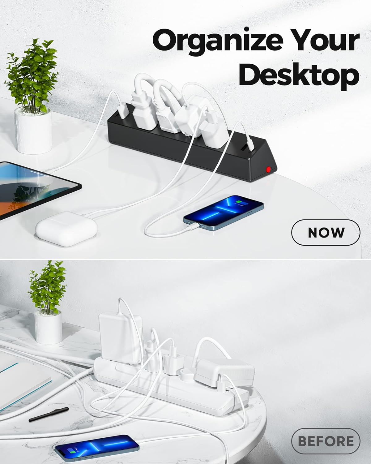 Desk Clamp Power Strip, Flat Plug Fast Charging Station, Desk Mount Surge Protector with PD 20W USB C Ports, Fit 1.7 inch Tabletop Edge Thick, Desktop Outlets for Home Office.