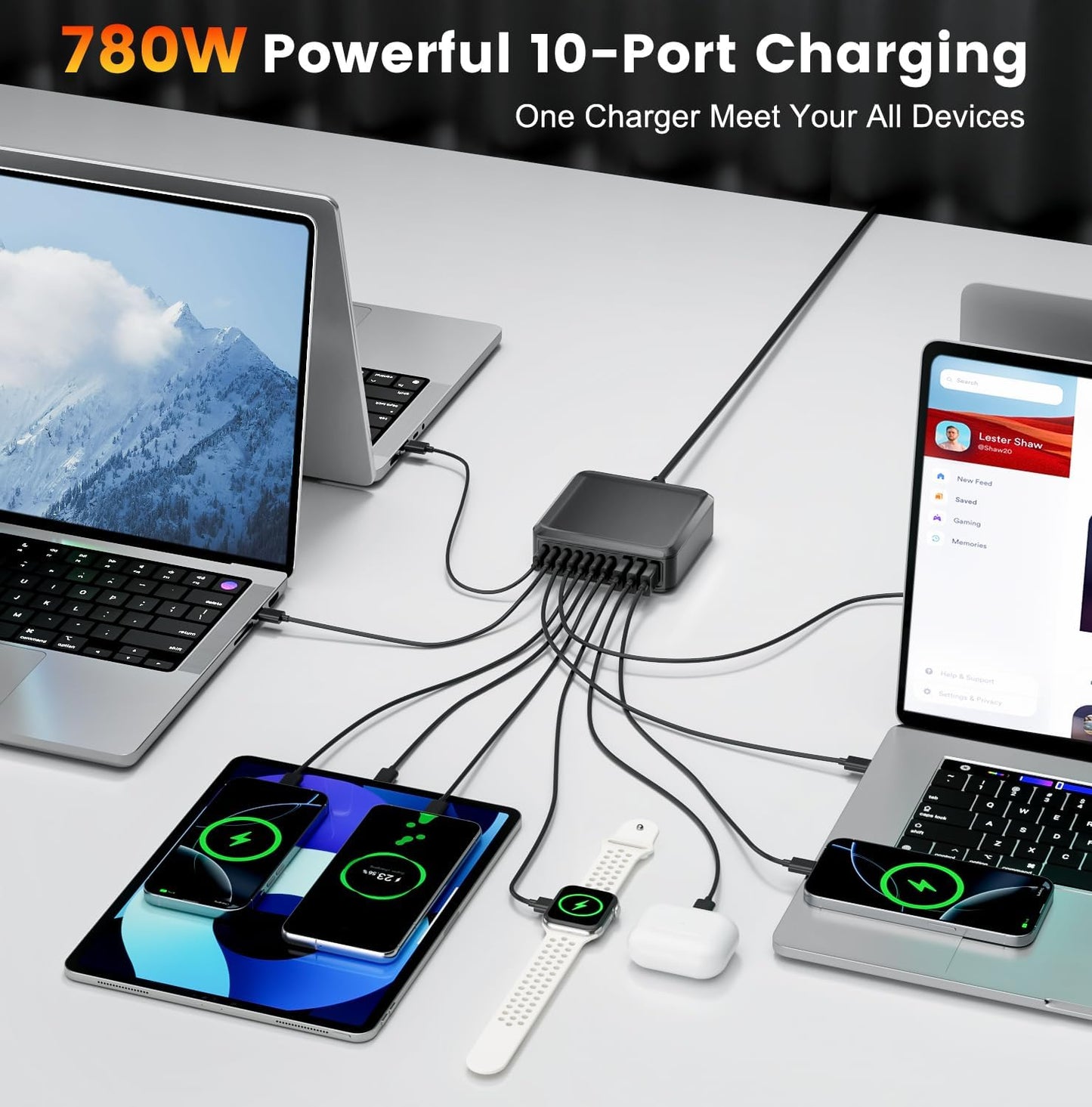 780W USB C Charger Block Fast 10-Port USB C Charging Station GaN PD 120W Laptop Charger Adapter for MacBook Pro/Air, DELL, iPad, iPhone, Samsung Galaxy Black