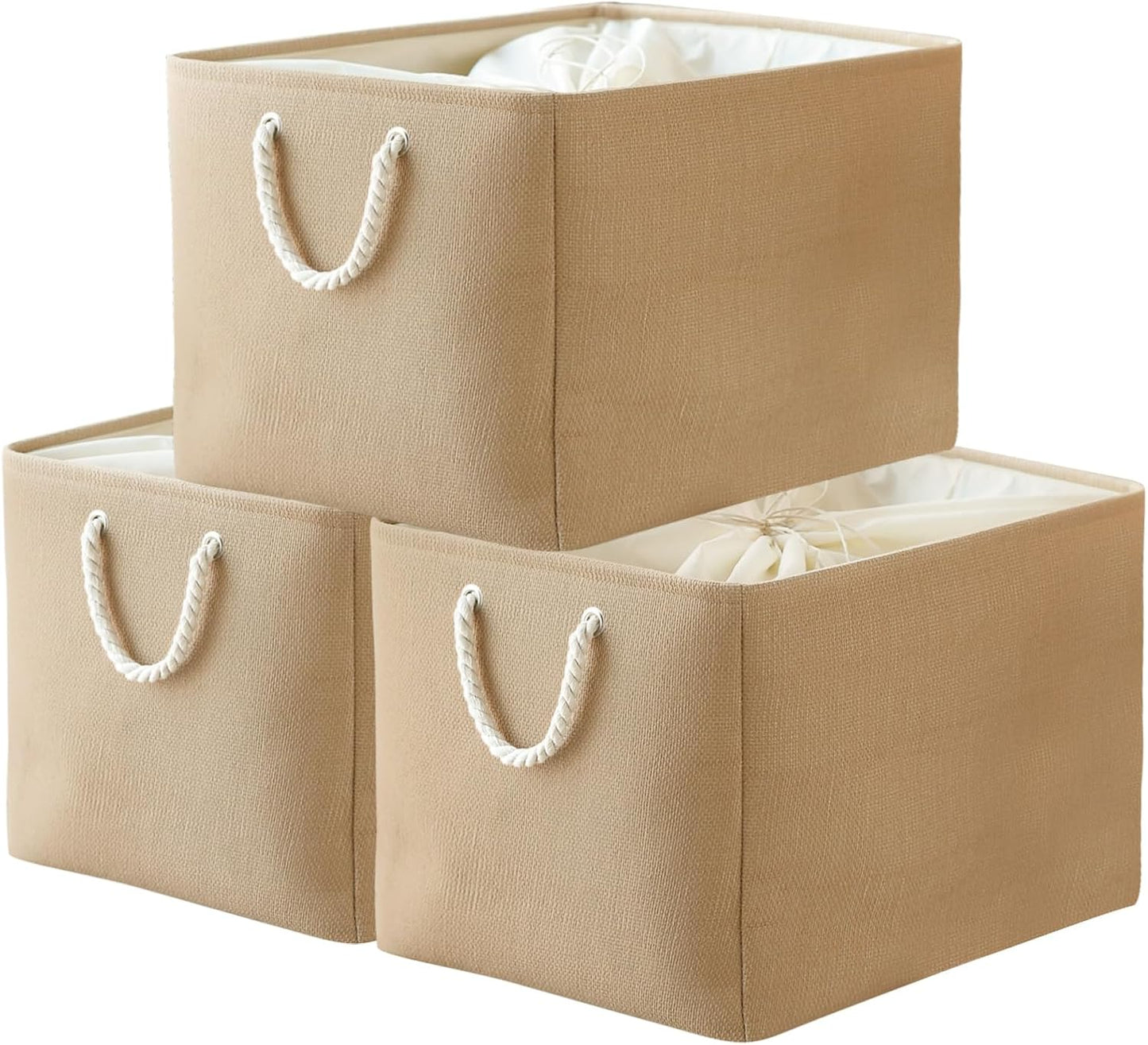 TheWarmHome Storage Basket for Organizing - 14x10x7 inch Medium 3 Pack Collapsible Storage Bin for Shelves with Rope, Fabric Storage Cubes for Organizer Cloth Gift Toy Closet (Black & Grey)