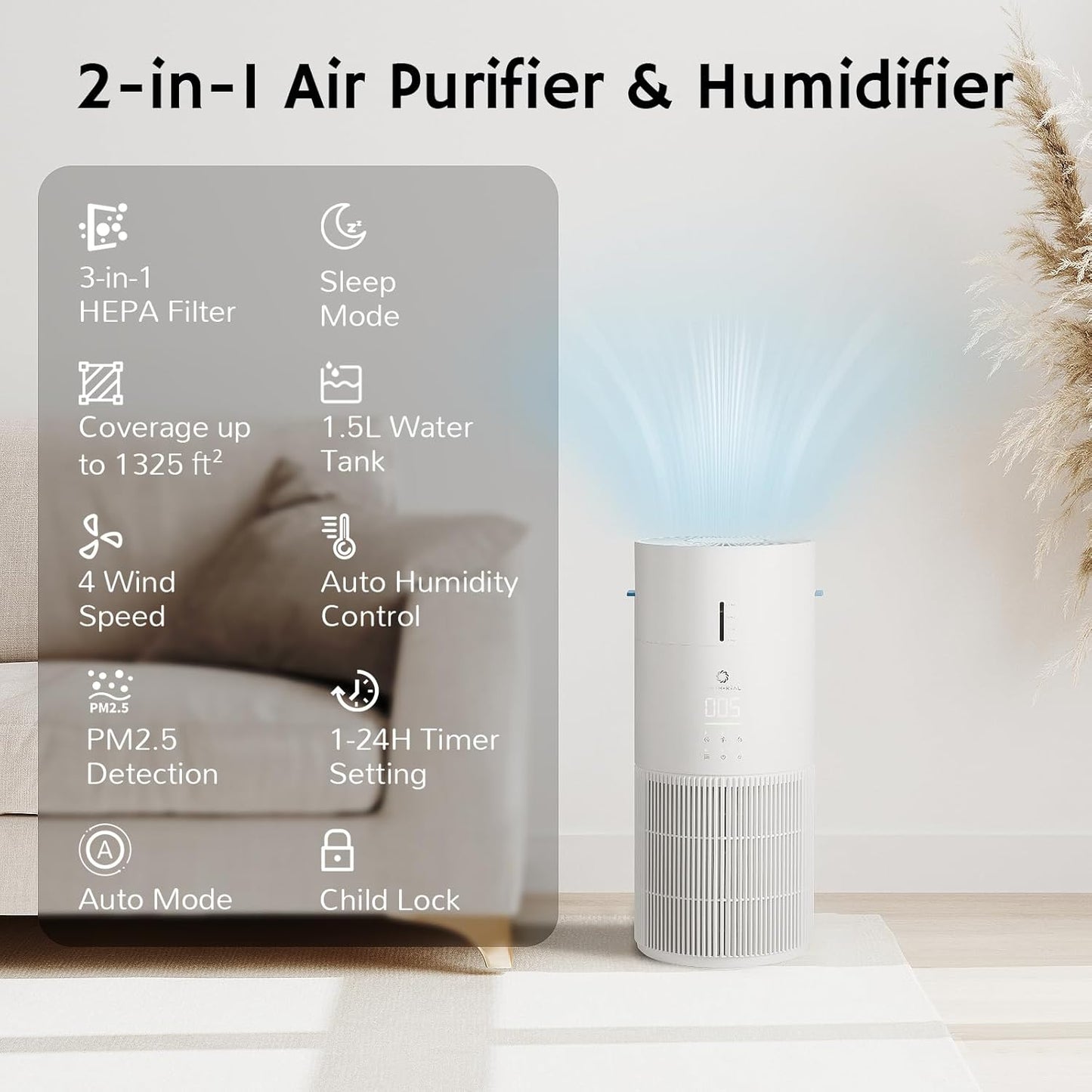 Airthereal 2-in-1 Air Purifier & Humidifier Combo for Large Room up to 1200 ft², 3-Stage Filters, Air Quality Monitor and Quiet Sleep Mode, Evaporative Humidifier with Hygrometer, iF Design Award 2026