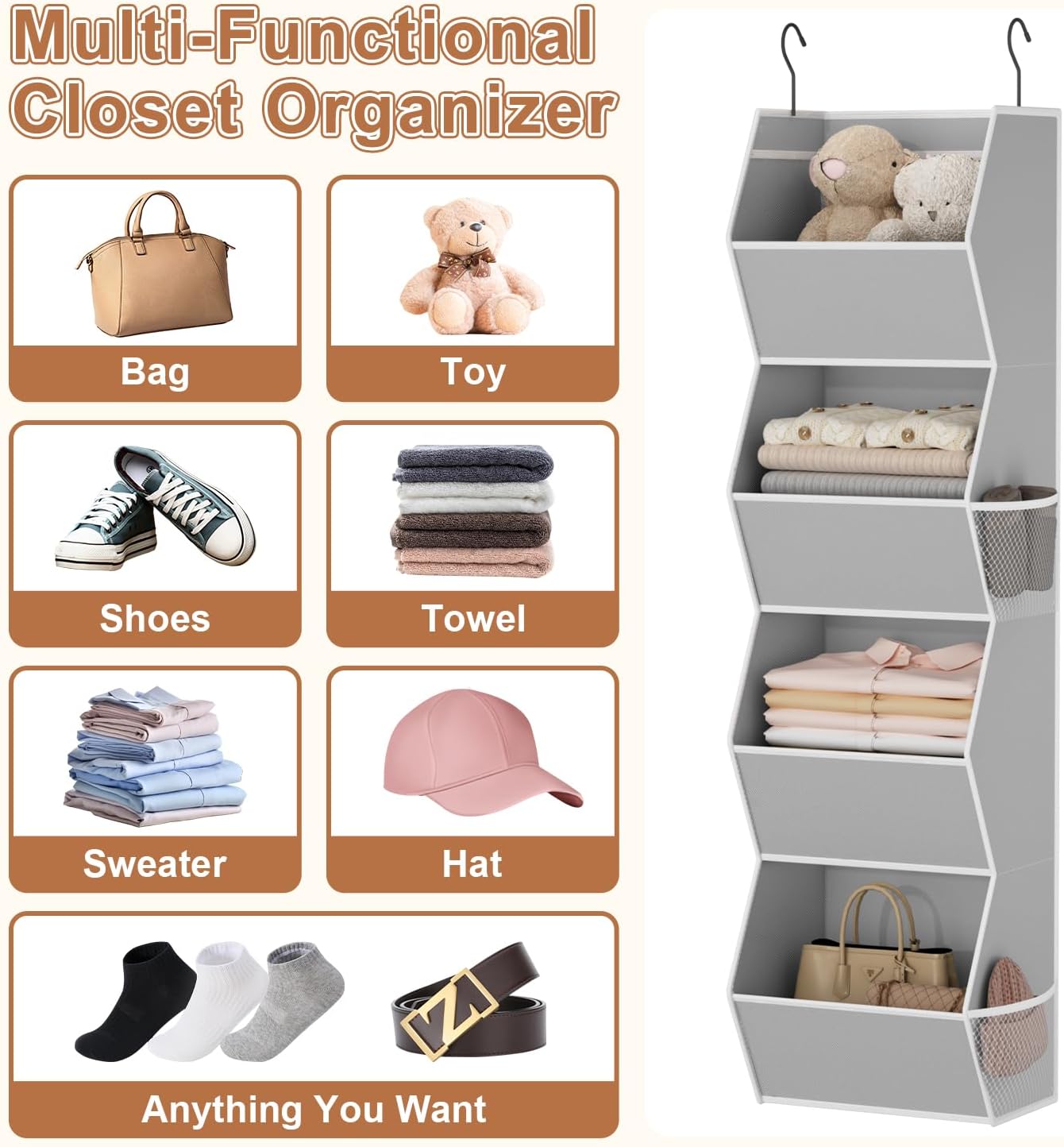 Hanging Closet Organizer 4 Shelf Collapsible Bedroom Closet Organizers and Storage Hanging with Mesh Pockets for Clothes, Fabric Hanging Storage Bins for Wardrobe Closet Organization and Storage, Grey