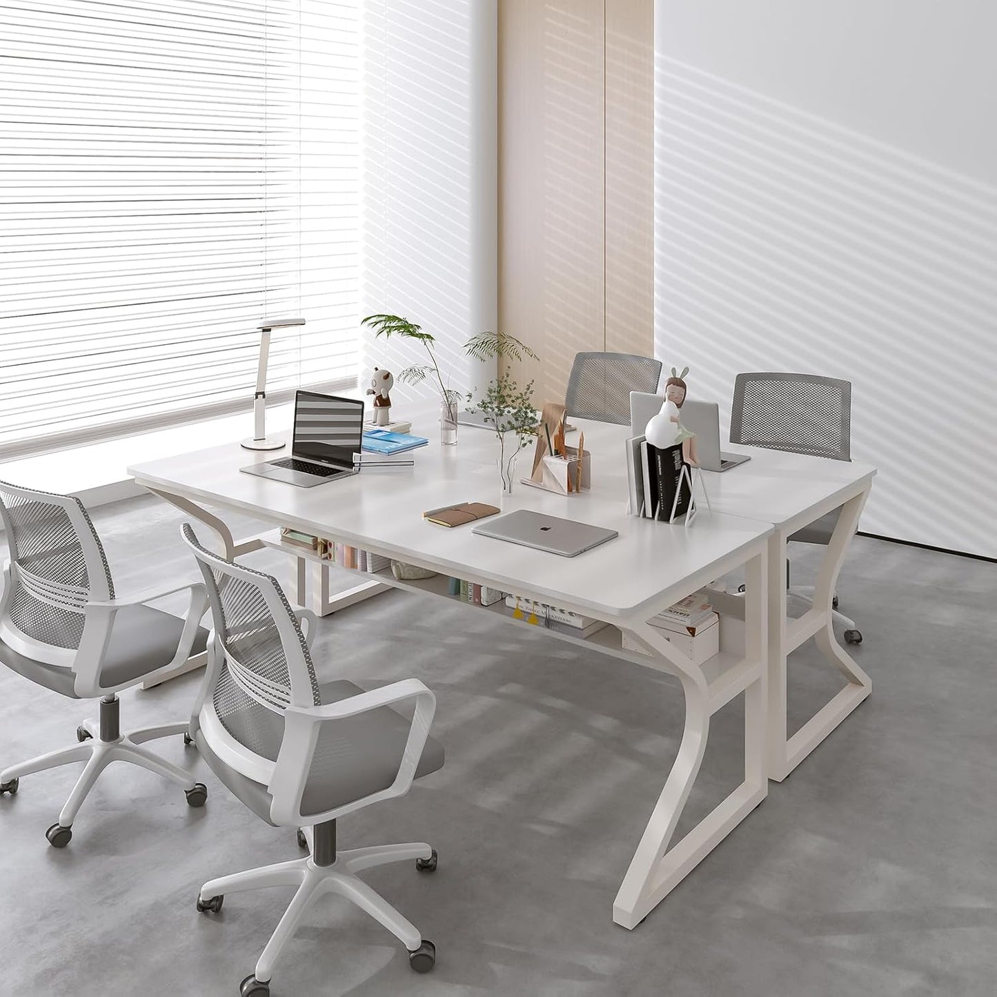 OSCHF Extra Long Desk with Bookshelf - 63" Double Long Writing Table for 2-Person Workstation, Modern Study Work Computer Desk for Home and Office, Warm White