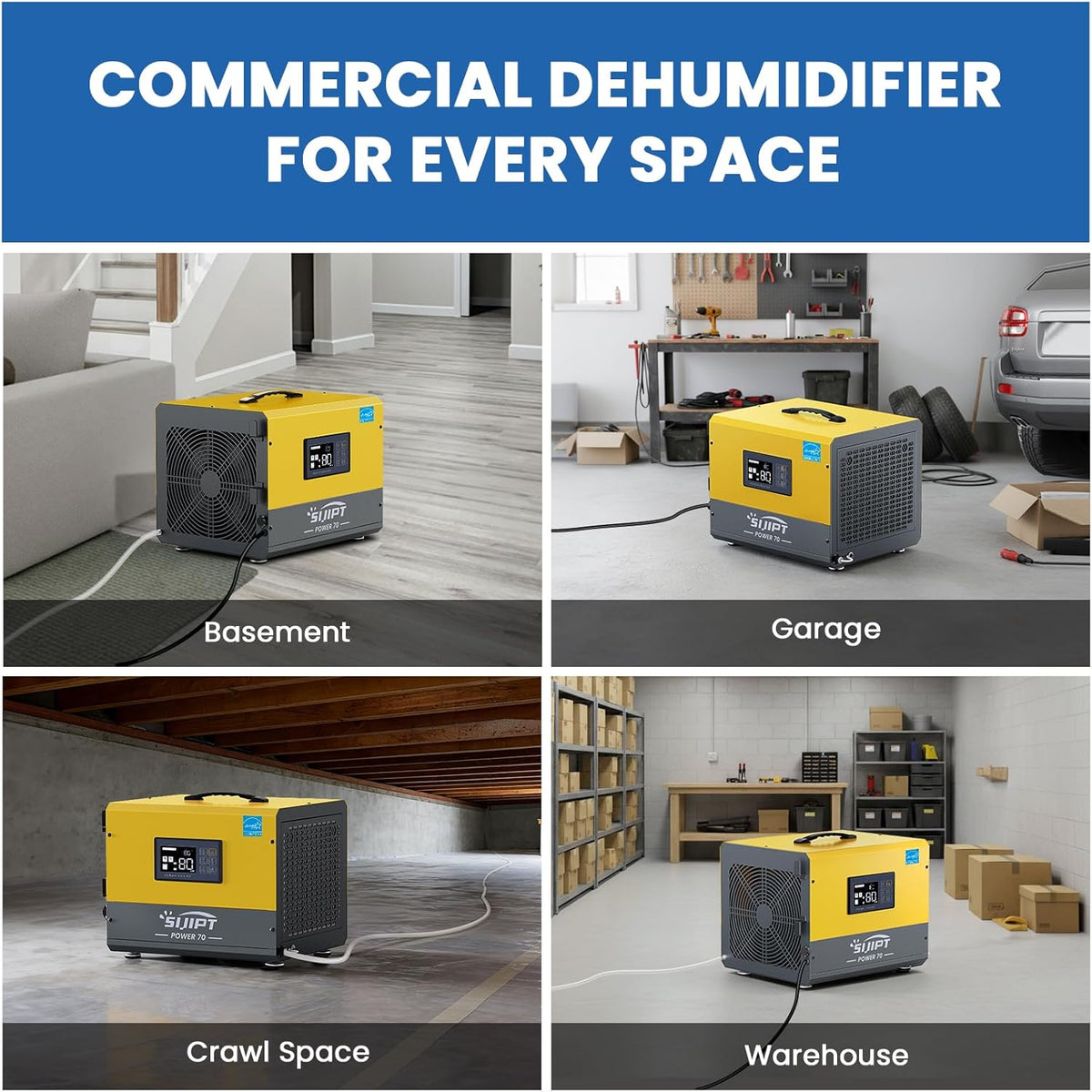 70 Pint Crawl Space Dehumidifier with Pump for 2000 Sq Ft – Energy Star Commercial for Basement, Auto Defrost, Memory Restart, Drain Hose