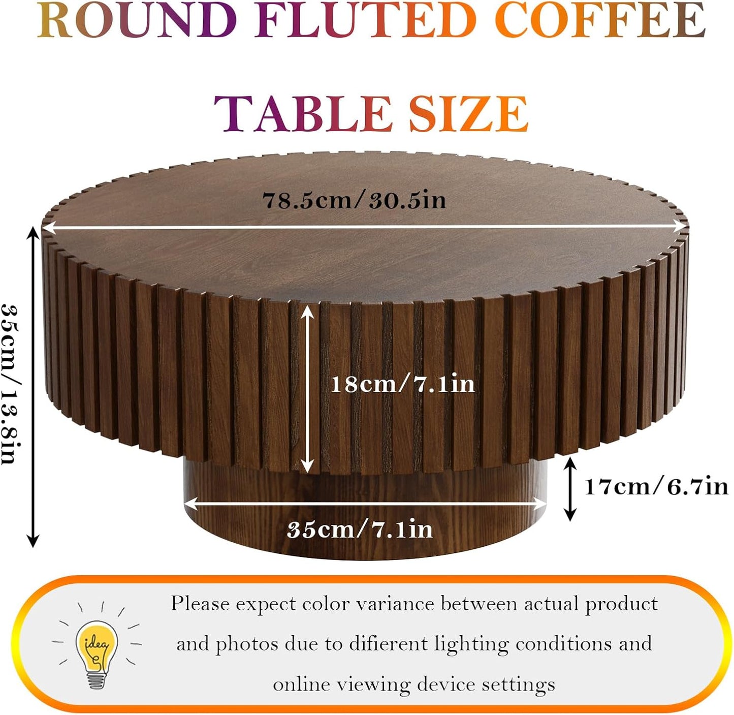 Unique Fluted Coffee Table with Sturdy Pedestal (F Round Brown 31.5in) | Modern Handcraft Drum Side End Table Easy Assembly for Living Room Apartment