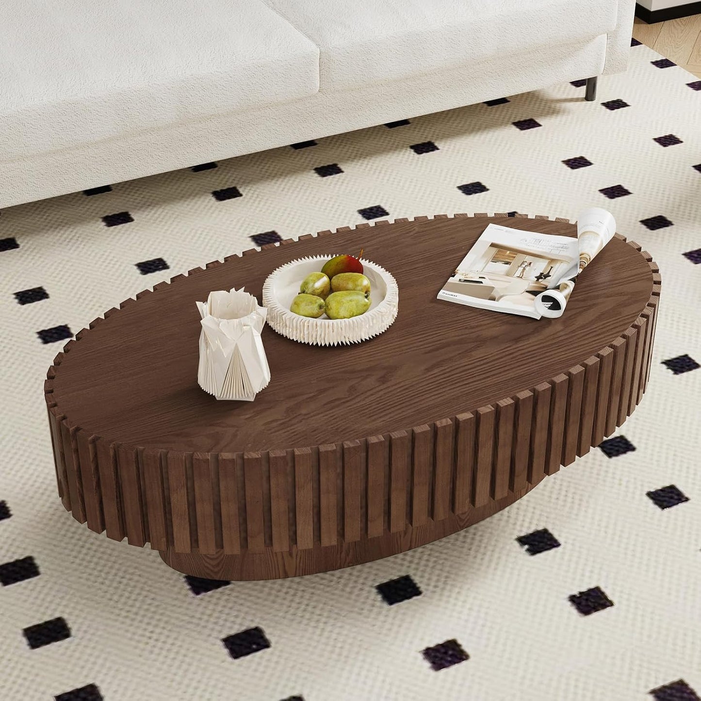 Handcraft Fluted Coffee Table with Sturdy Pedestal (Oval Walnut 43.3in) | 43.3" Oval Drum Center Tables | for Living Room Apartment Farmhouse | Easy to Assembly