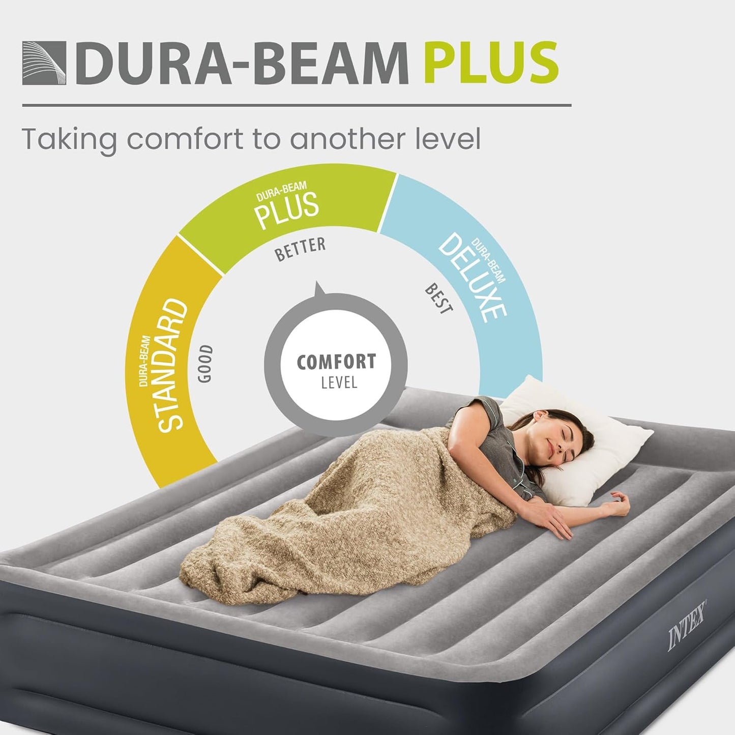 INTEX 64135ED Dura-Beam Plus Deluxe Pillow: Fiber-Tech – Queen Size – Built-in Electric Pump – 16.5in Bed Height – 600lb Weight Capacity