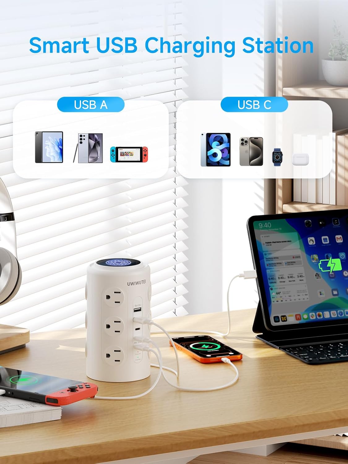 Tower Power Strip with 1 Dedicated PD 20W Fast-Charging Port, 12 Outlets, 5 USB Ports (3 USB-C), 1800J Protector, Desk Charging Station for Multiple Devices,10FT Extension Cord, Home Office Essentials