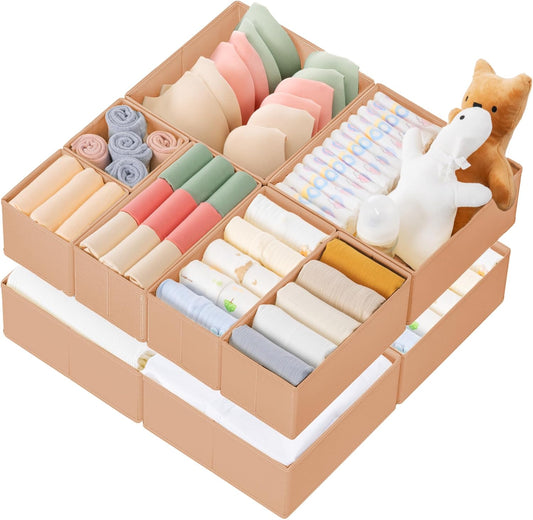 Criusia Drawer Organizer Clothes, 10 Pack Dresser Organizer for Baby Clothes, Underwear, Sock- Foldable Closet Organization and Storage Dividers Bins for Nursery, Bedroom (Brown)