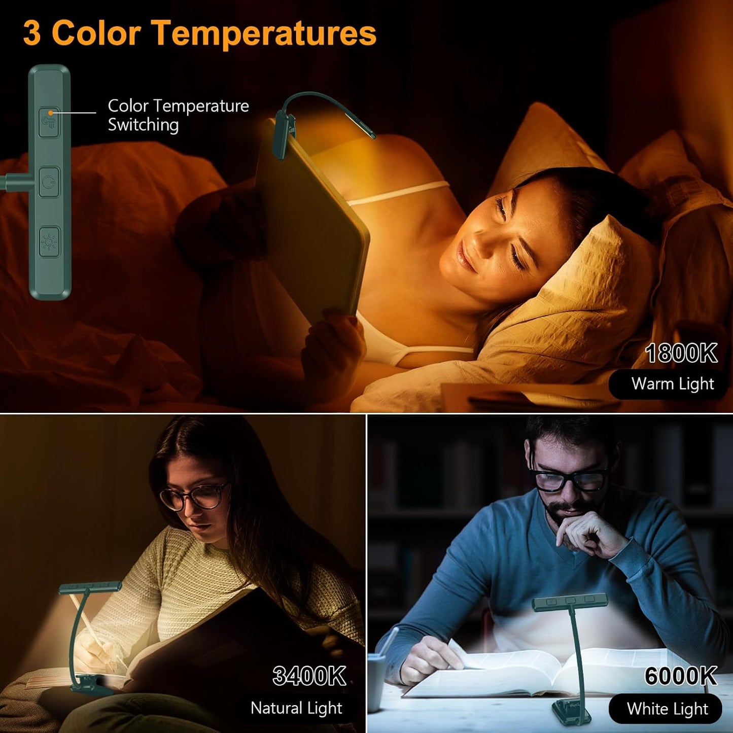 Gritin 19 LED Rechargeable Book Light for Reading in Bed with Memory Function- Eye Caring 3 Color Temperatures,Stepless Dimming Brightness,90 Hrs Runtime Clip on Light for Book Lovers-Blackish Green