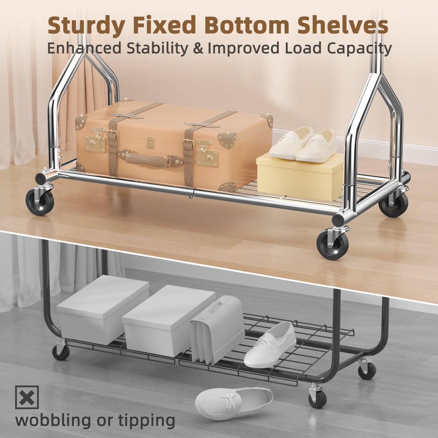 EAGMAK Heavy Duty Clothes Rack Load 424 LBS, Rolling Clothing Rack With Shelves, Adjustable Metal Clothes Hanger with Wheels, Portable Wardrobe Organizer Garment Rod for Hanging Clothes (Silver)