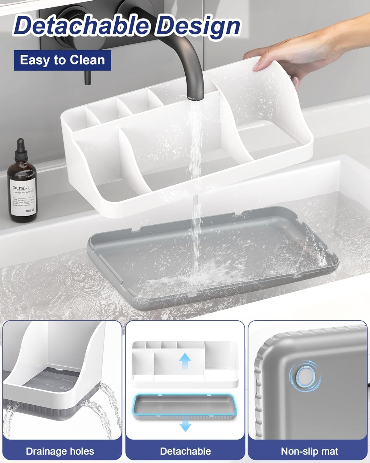 Bathroom Counter Organizer and Storage, 7 Slots Detachable Toothbrush Holders for Bathrooms, Anti-Slip Electric Toothbrush and Toothpaste Holder Countertop Vanity Organizer Accessories for Adults Kids