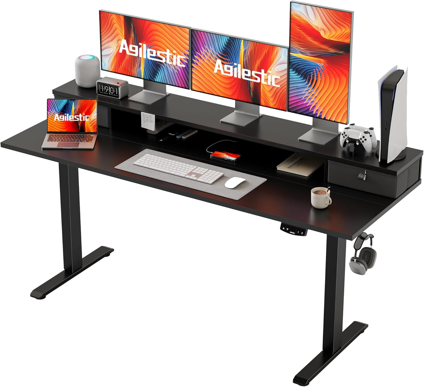 Agilestic 48 x 24 Inches Electric Standing Desk with 2 Storage Drawers, Adjustable Height Sit and Stand Computer Table with Splice Board, Dark Walnut