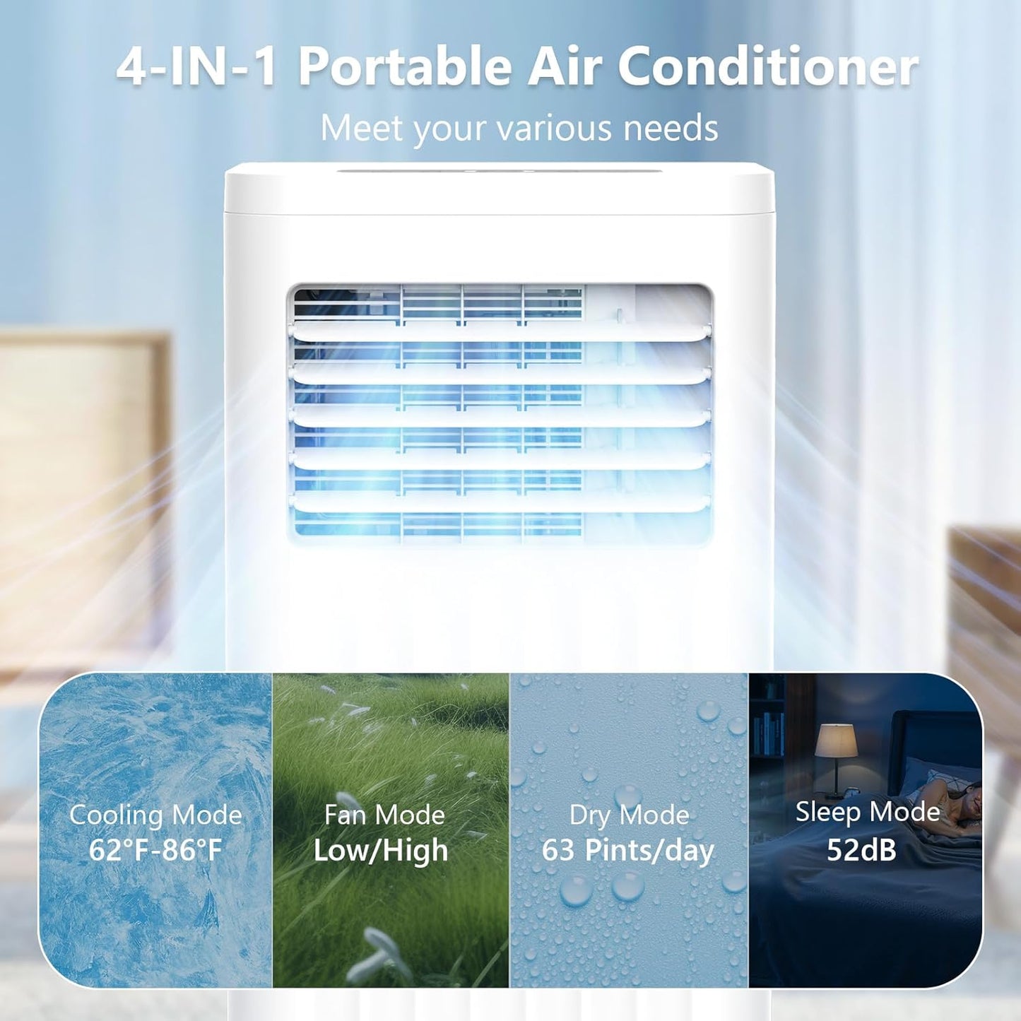 Electactic 10000BTUs Portable Air Conditioner for Bedroom with Drainage-free Cooling, 4 in 1 Portable AC Units with Cool, Fan, Dehumidifier, Sleep, 24H Timer/Remote/Window Kits