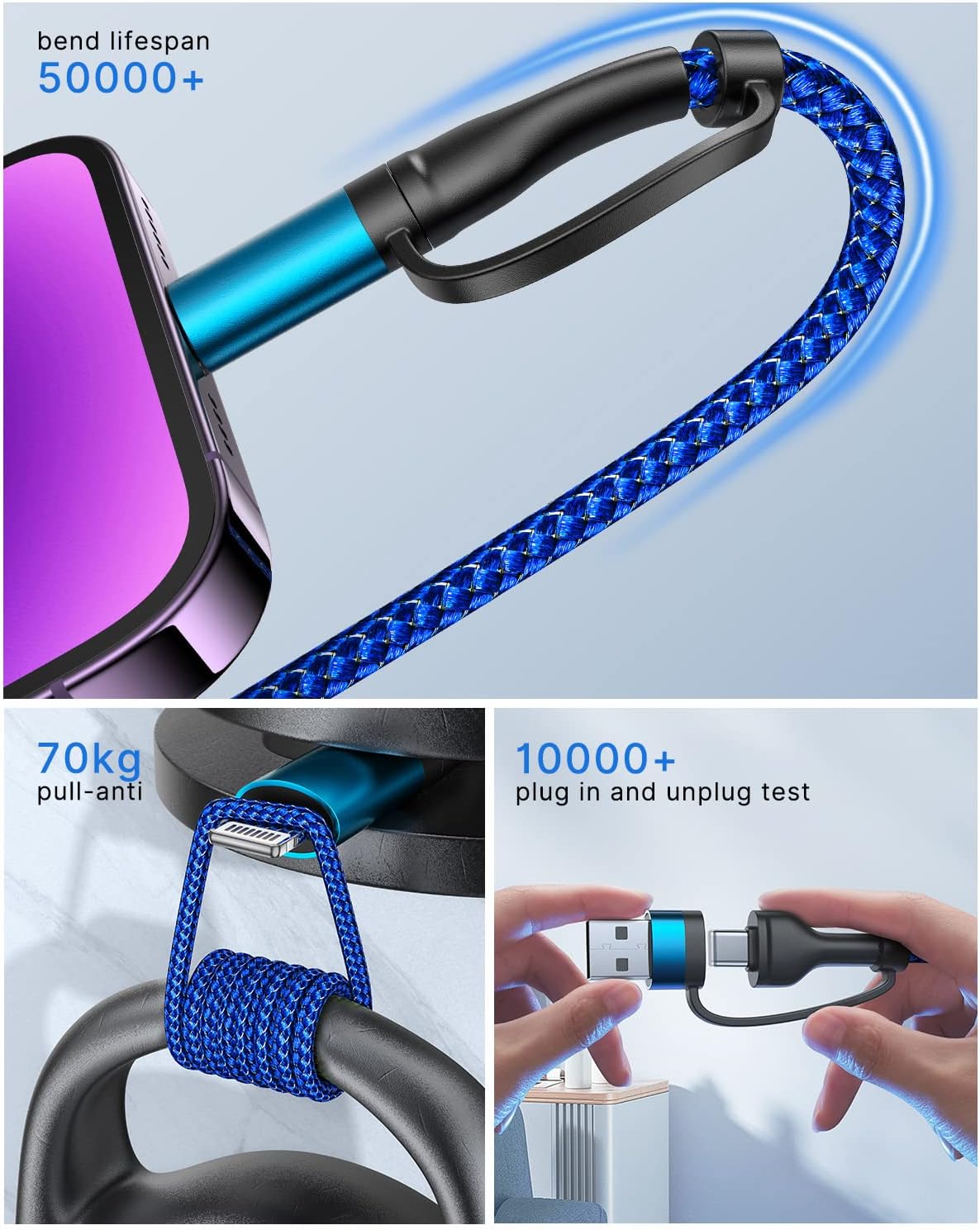 XUDUO 4 in 1 Charging Cord [2Pack 6.6FT] Fast Charging Ccable Apple MFi Certified Lightning Cable Nylon Braided 60W Multi USB C Cable for iPhone 16/15 14 13 12 iPad Samsung Galaxy MacBook iPad Tablets