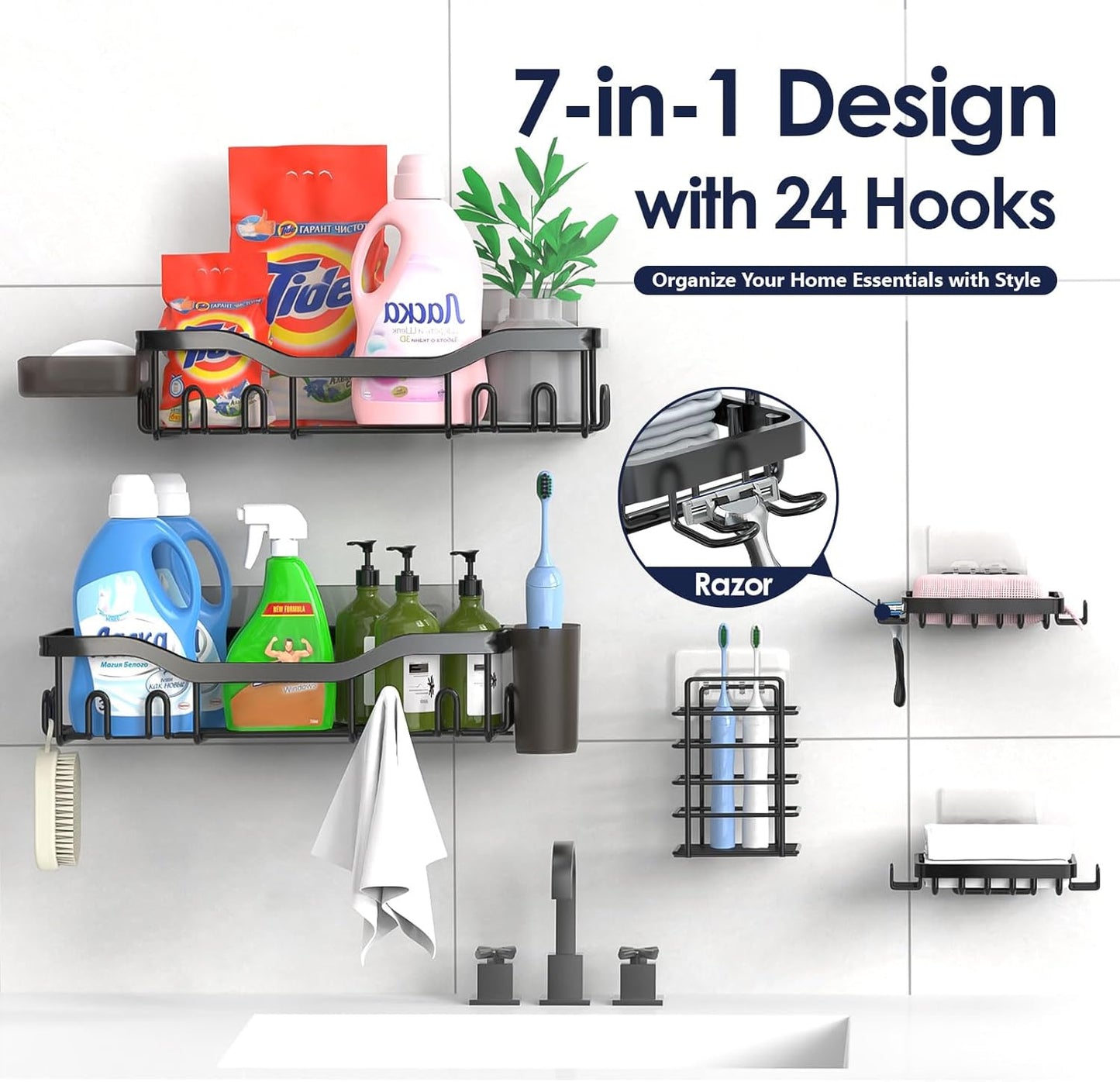 NESOMI Shower Caddy Adhesive Shower Organizer 7-Pack, Rustproof Stainless Steel Bathroom Shelves, Large Capacity No-Drill Rack Storage Accessories with Soap Dish Toothbrush Holder &24 Hooks Home Decor