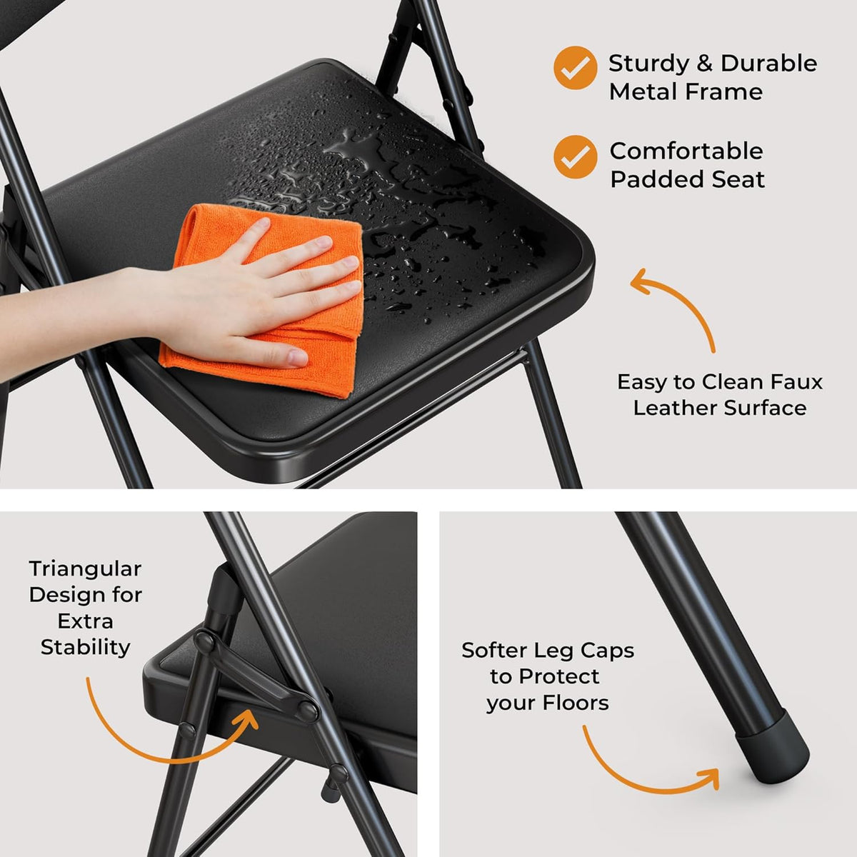 Our Modern Space 4 Pack Leather Chair | Foldable & Stackable | 350 lbs Capacity Steel Frame Seats for Indoor or Outdoor | Commercial Use Events Wedding Party Events Bulk Picnic Kitchen Dining - Black
