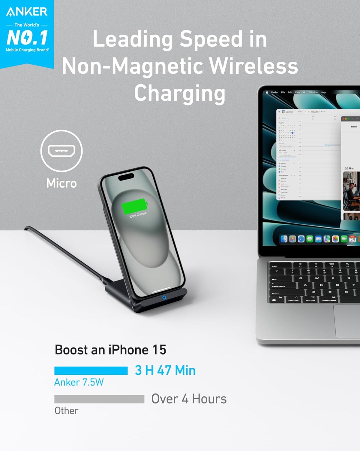 Anker 313 Wireless Charger (Stand), Qi-Certified for iPhone 17/17/17 Pro/17 Pro Max/15/14/13, 10W Fast-Charging Galaxy S23 S22 S21(No AC Adapter)