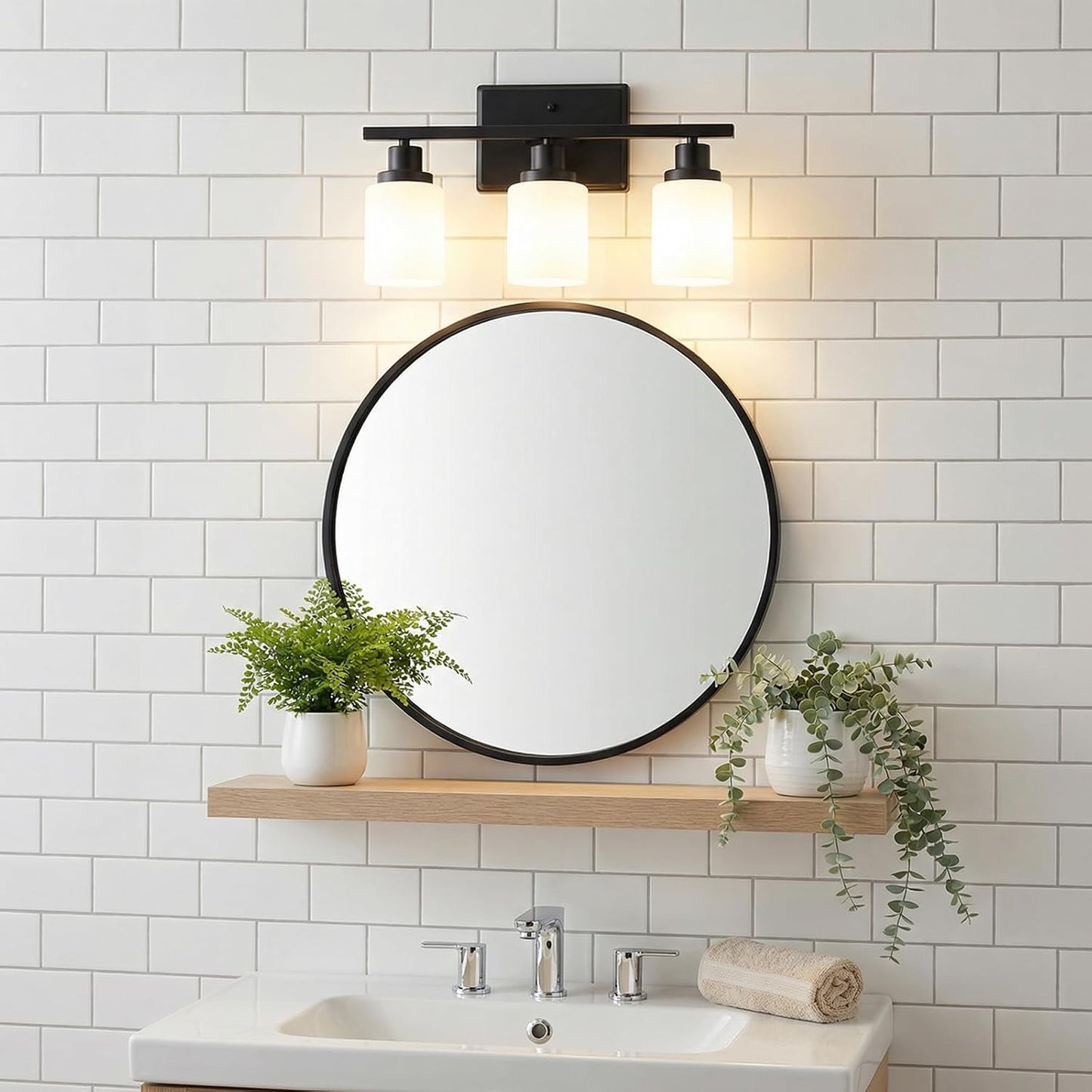 Ascher Bathroom Light Fixtures, 3-Light Vanity Light Over Mirror, Modern Matte Black Wall Sconces with Milky White Shades, Wall Lamp for Kitchen Hallway Cabinet Porch E26 Base