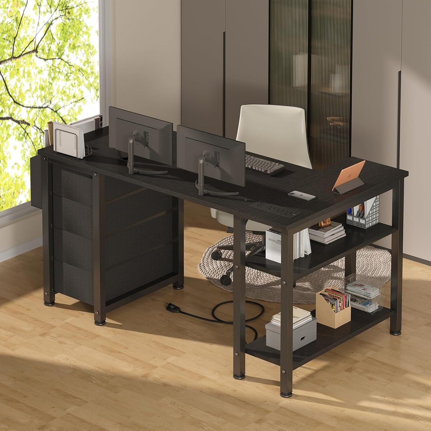 Lufeiya L Shaped Gaming Desk with Power Outlet, 47 Inch Reversible Corner Computer Desk with Drawers & Storage Shelves for Home Office Bedroom, L-Shaped Teen PC Desks with Fabric Drawer, Black