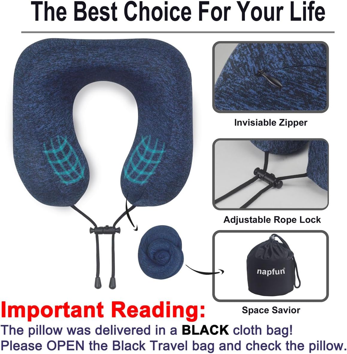 napfun Neck Pillow for Traveling, Upgraded Travel Neck Pillow for Airplane 100% Pure Memory Foam Travel Pillow for Flight Headrest Sleep, Portable Plane Accessories, Blue
