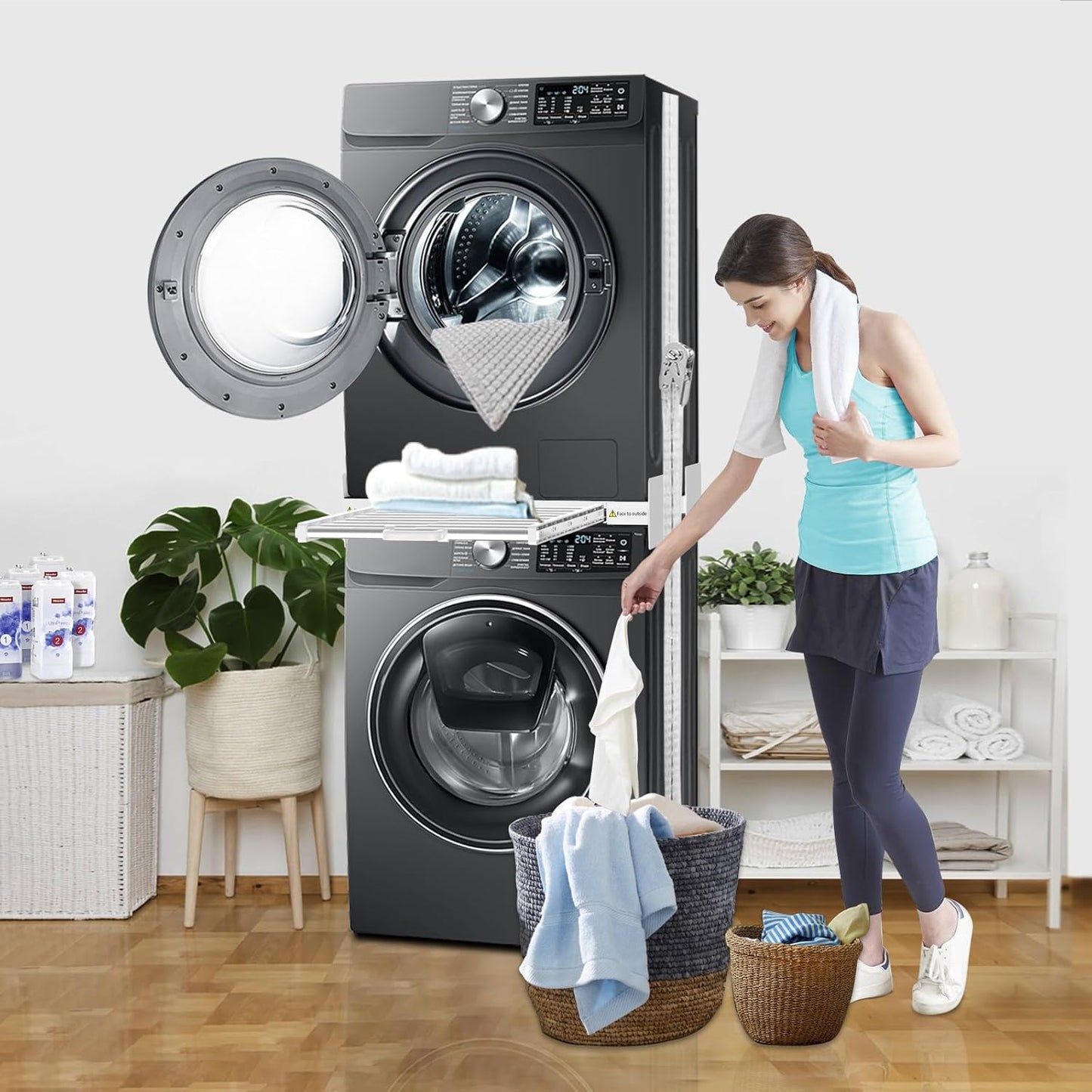 Kiss Core Washer Dryer Stacking Kit 29 inch, Universal Washer and Dryer Stacking Kit with Pull Out Drying Rack, Adjustable 29"/28"/27"/26"/25"/24" Stacking Kit with Ratchet Strap