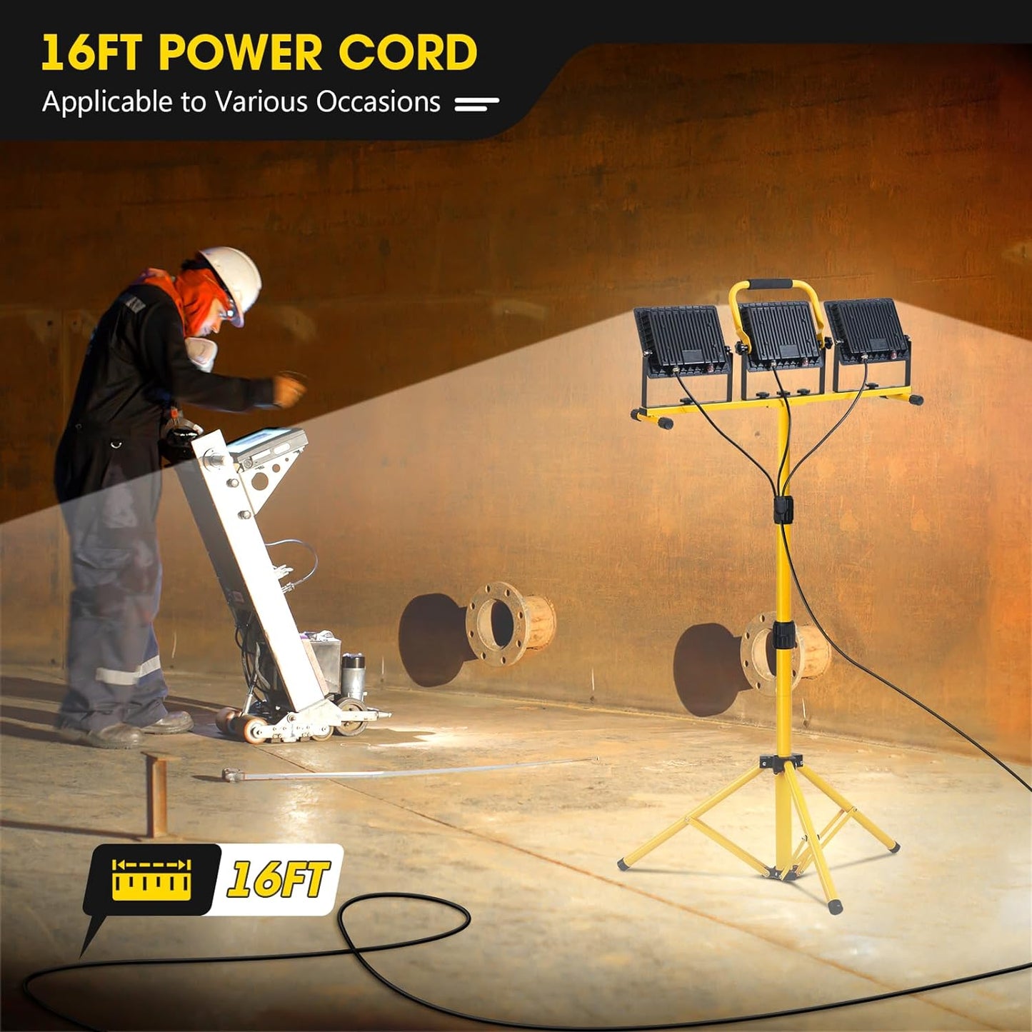 Zetunlo 21000Lumen LED Work Lights with Stand - 3 Head Portable Work Light with 16FT Cord - IP66 Waterproof Tripod Worklights for Outdoor Indoor Job Site Workshop Garage Construction Site Lighting