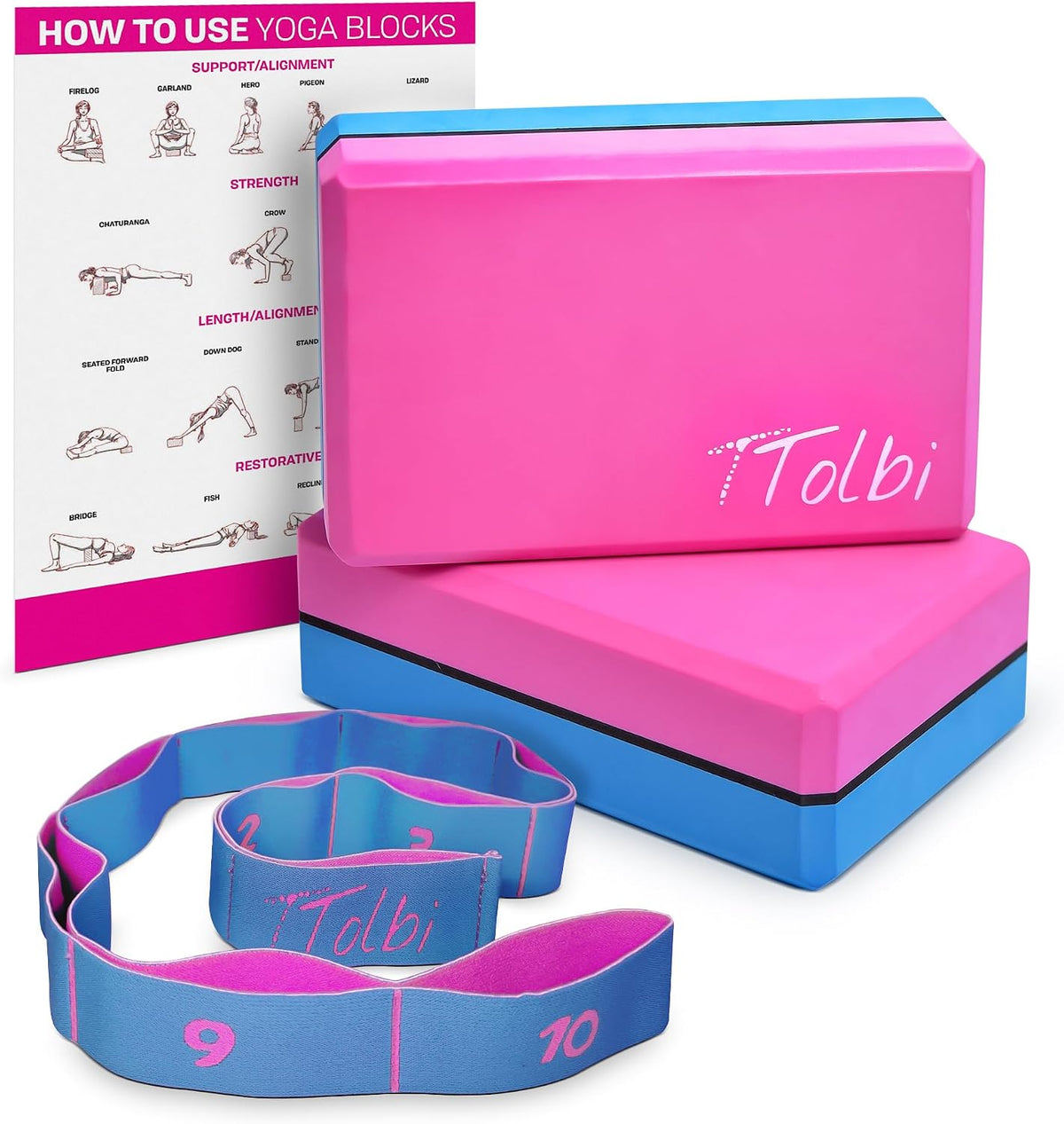 Yoga Blocks 2 Pack with Strap and Guide – Soft Non-Slip EVA Foam Blocks