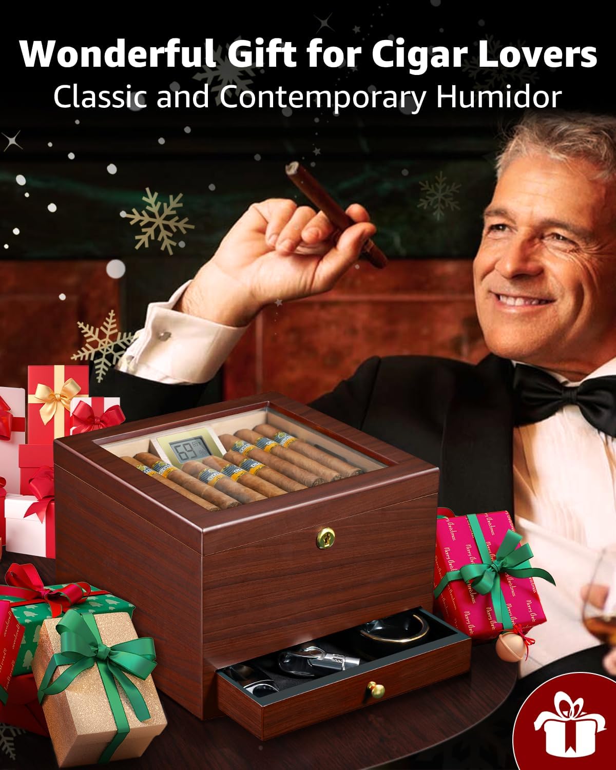 Flauno Cigar Humidor with Air Circulation System, Hold 40 Rubustos, Thicker Spanish Cedar, Accurate Digital Hygrometer, Drawer, Humidifier, Divider, Lock, Gift for Cigar Lovers