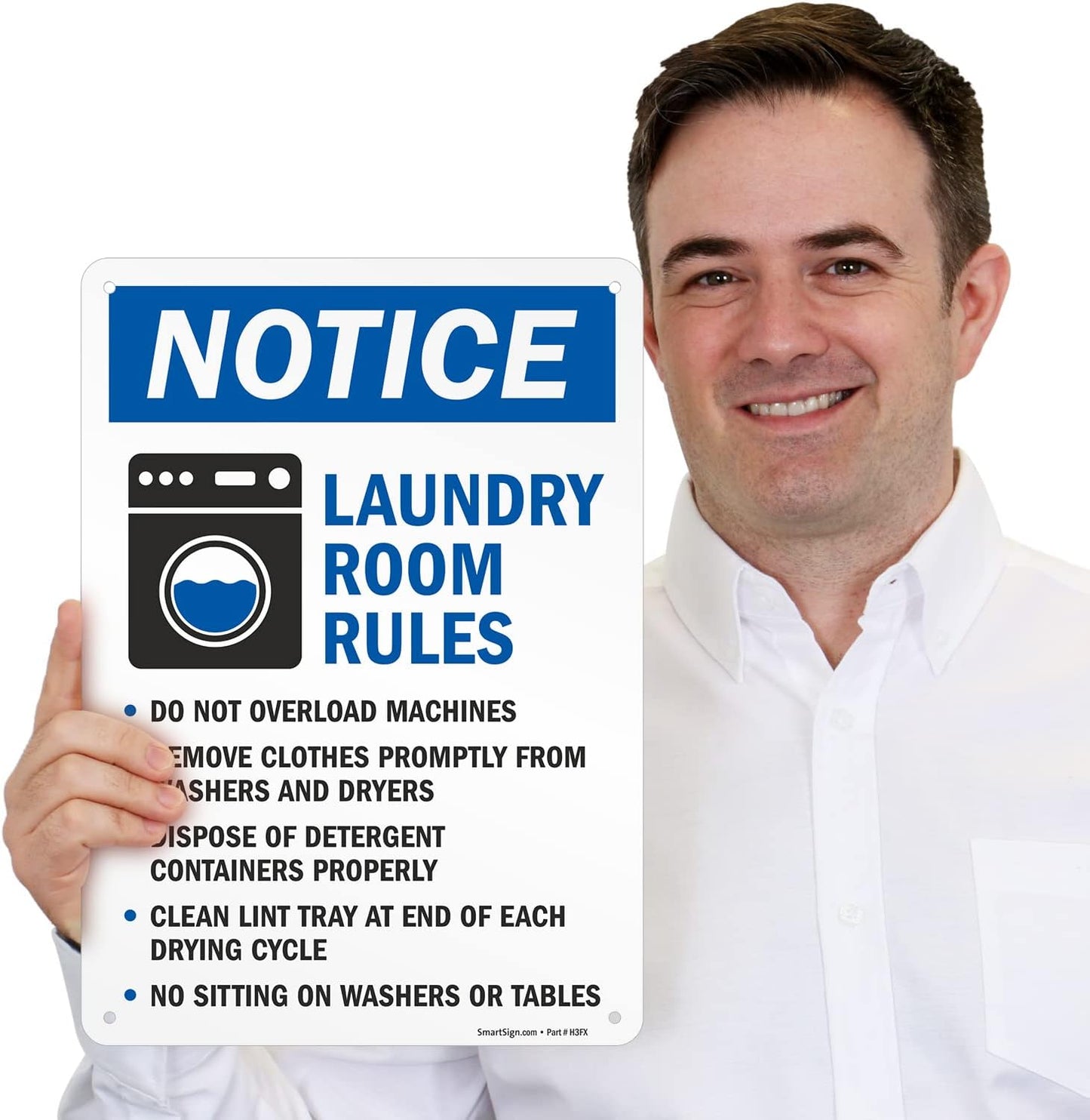 SmartSign Laundry Room Rules 'Notice - No Overload, Remove Clothes, Dispose Detergent, Clean Lint, No Sitting' Metal Sign, 14" x 10", 40 mil Laminated Aluminum, Blue/Black/White, USA-Made