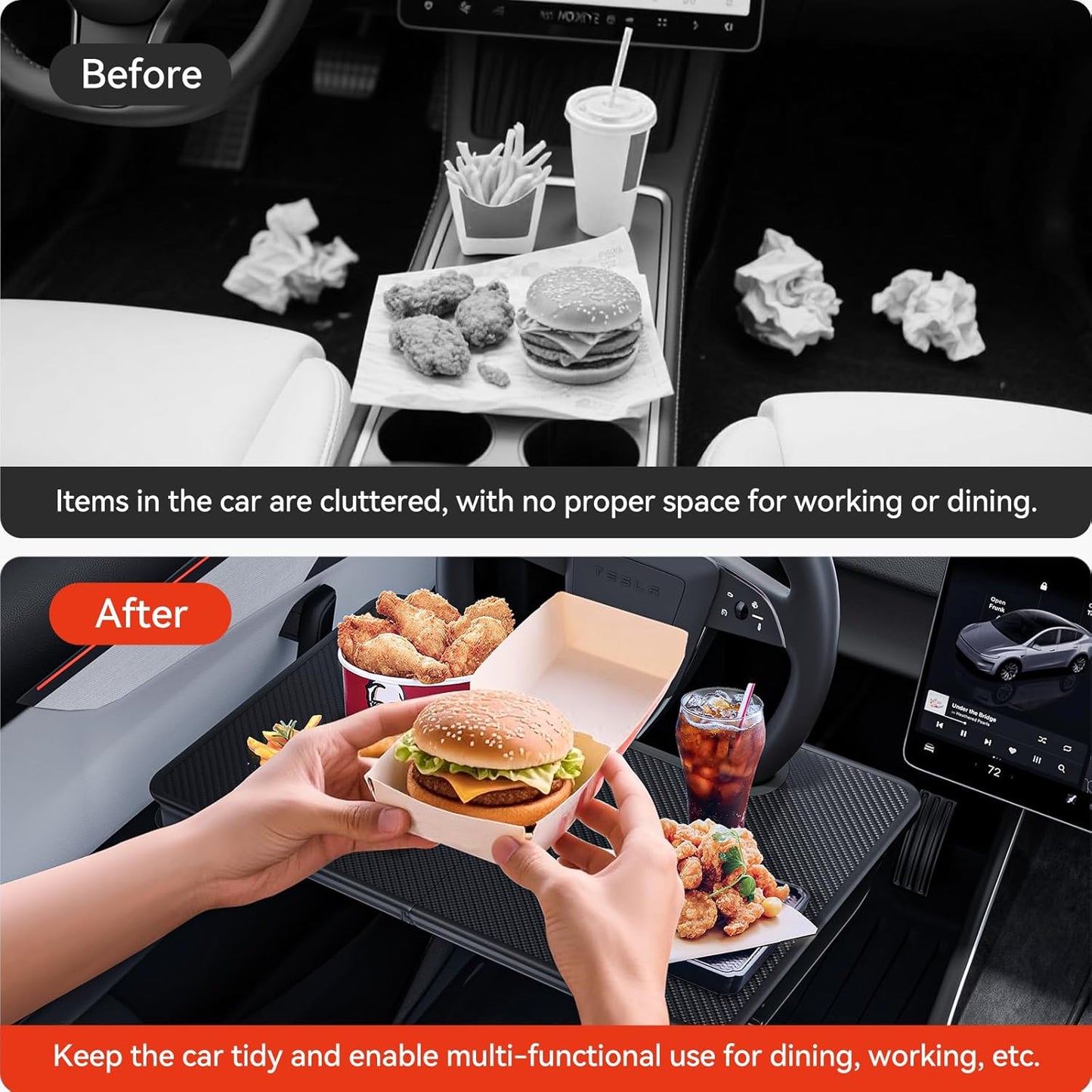 YONZEE 2-in-1 Car Steering Wheel Desk Tray & Car Seat Gap Filler Organizer – Foldable Carbon Fiber Look Table for Laptop, Eating Food, Writing – for Standard Round Steering Wheels