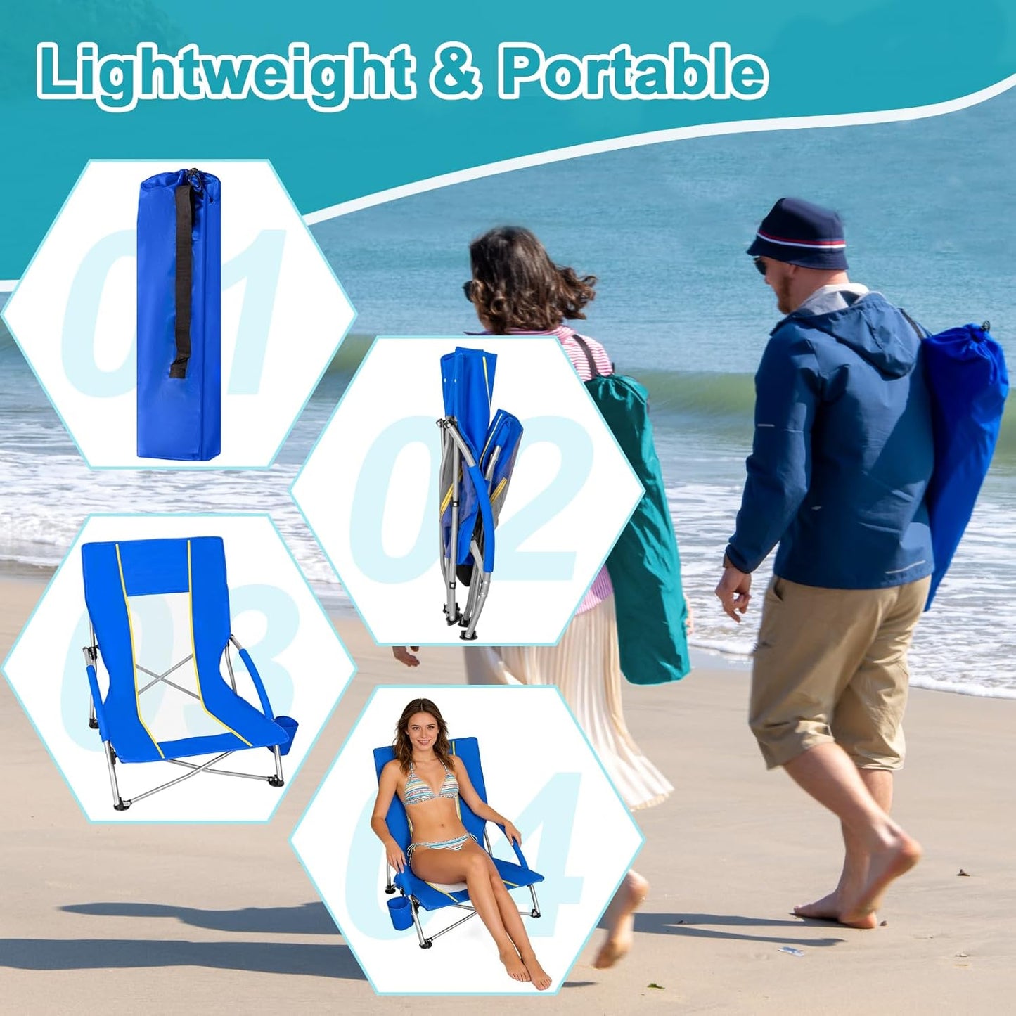 Romswi 2 Pack Lightweight Low Beach Chairs with Breathable Mesh Back, 6LBS Folding Portable Sand Chairs with Cup Holder, Heavy Duty 400lbs Capacity for Camping & Outdoor Use, Blue