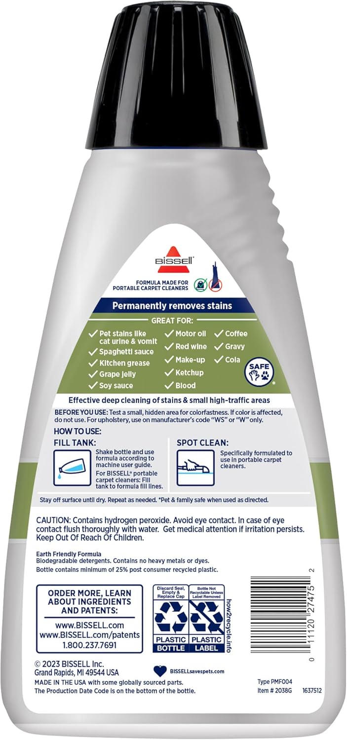 BISSELL Little Green Spot & Stain Cleaning Solution with OXY and StainProtect, for All Leading Portable Carpet & Upholstery Deep Cleaners, Instantly & Permanently Removes Stains, 2038G, 32oz