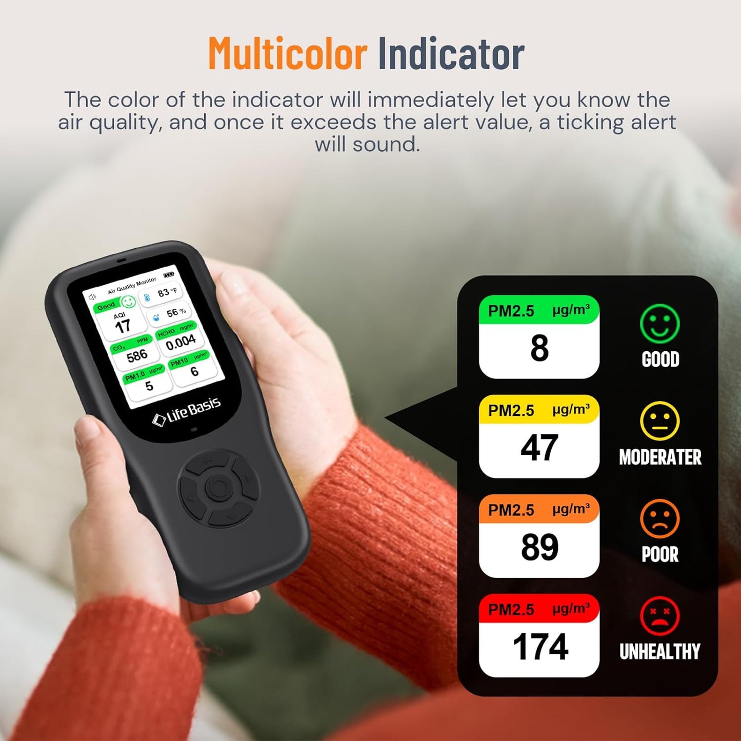 LifeBasis Air Quality Monitor Indoor, 11-in-1 Air Quality Detector with Stand, Air Meter Test AQI, PM1.0, PM2.5, PM10, CO2, TVOC, HCHO, Particles, Temperature and Humidity with Alert